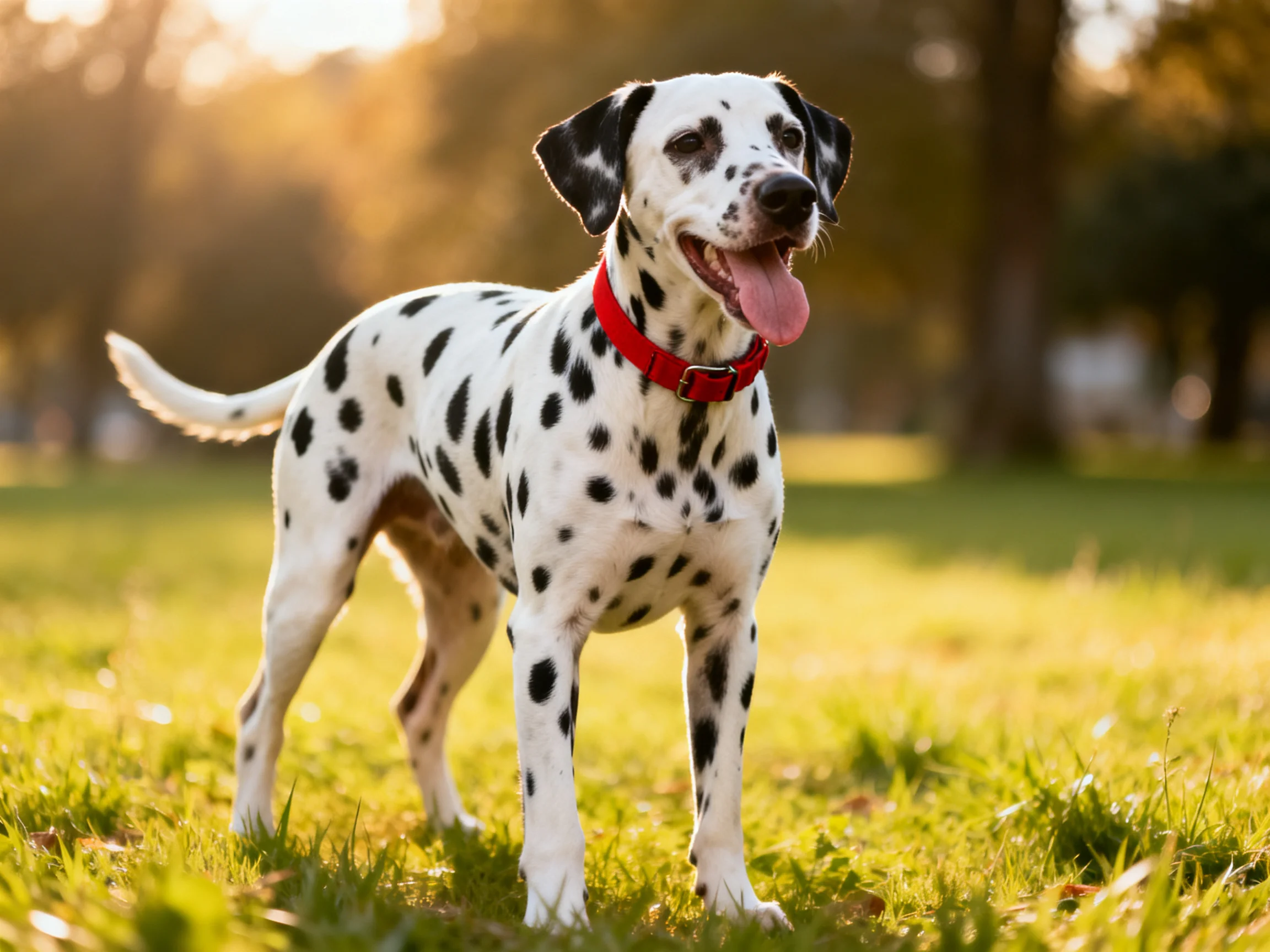 A Dalmatian dog with black spots in a sunlit grassy park