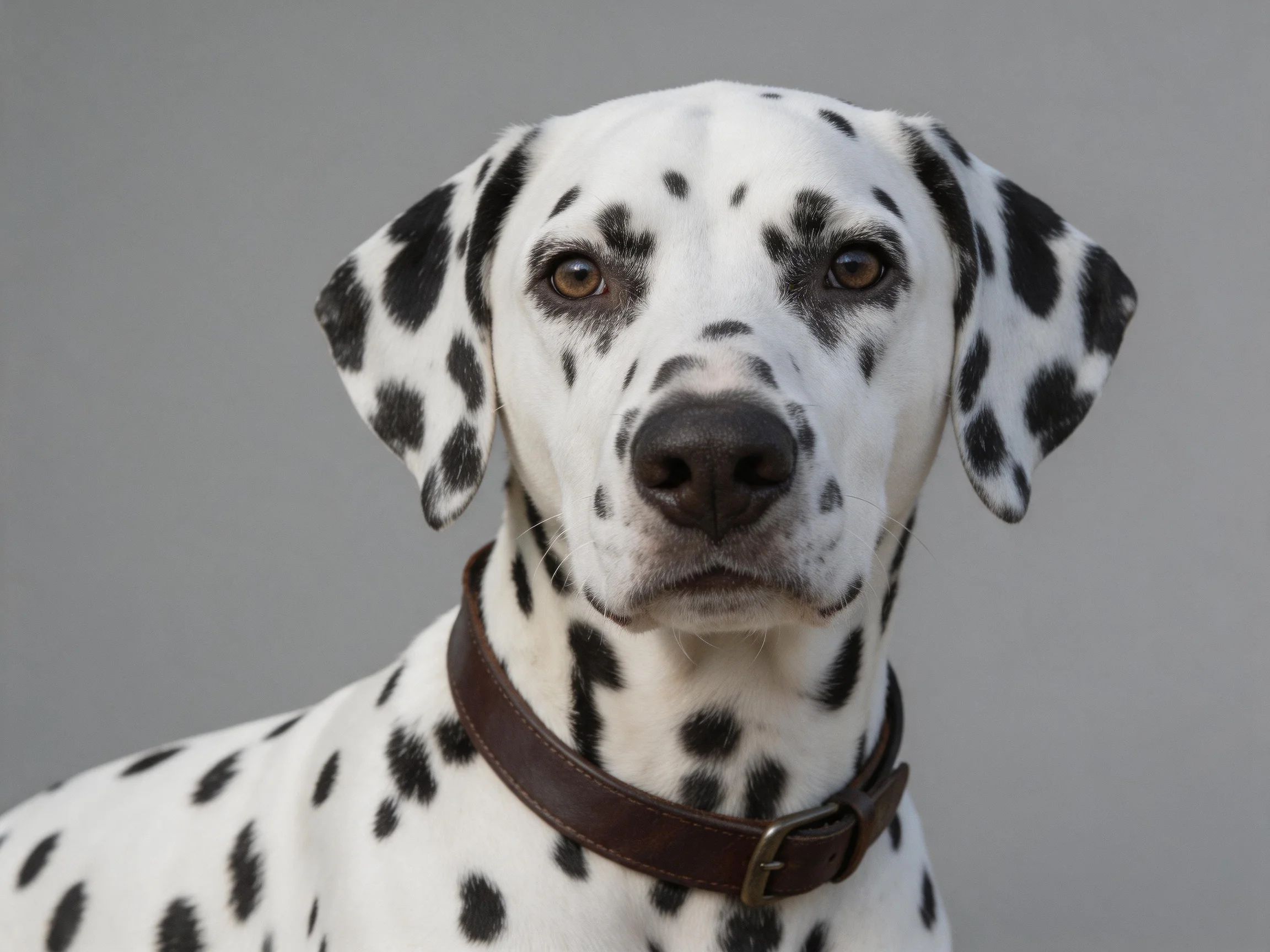 A Dalmatian with black spots is posed against a plain gray background.