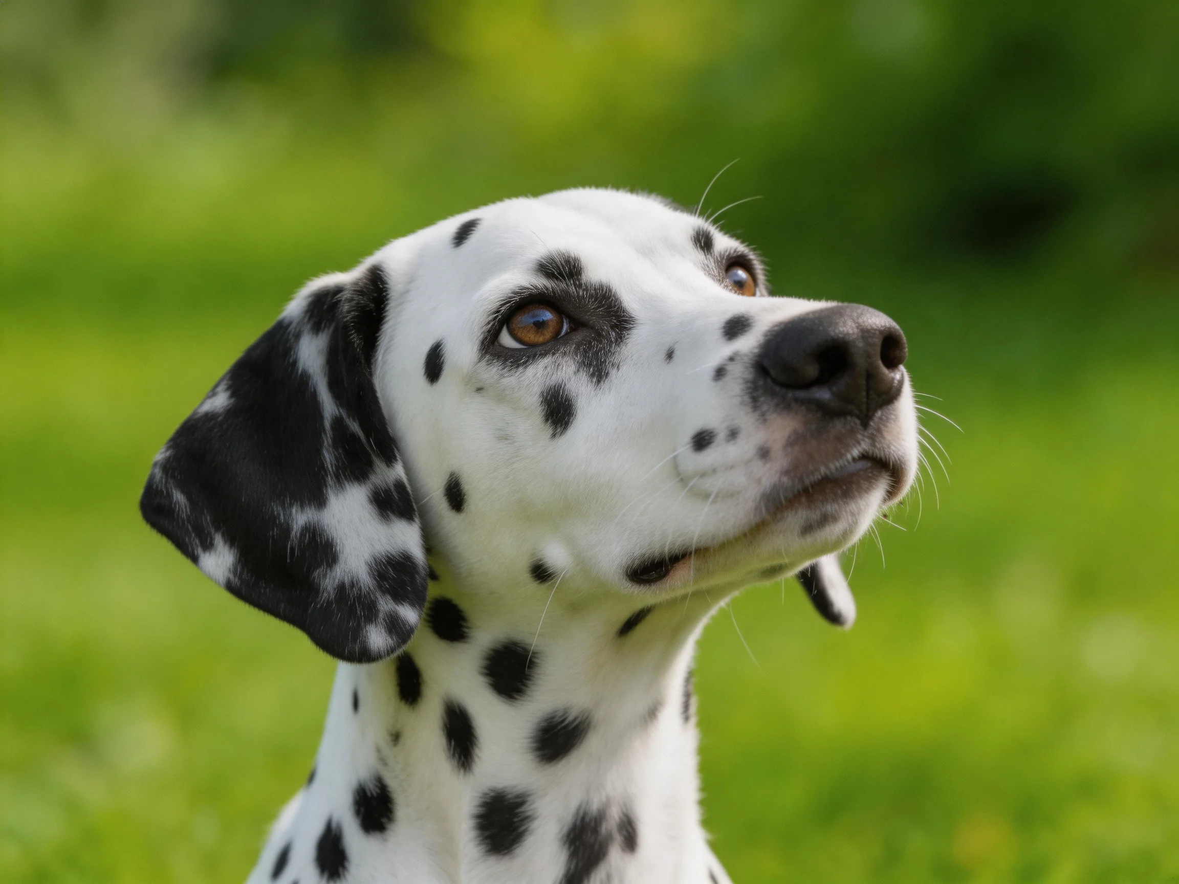 A Dalmatian dog looks upward amid a blurred green natural backdrop.