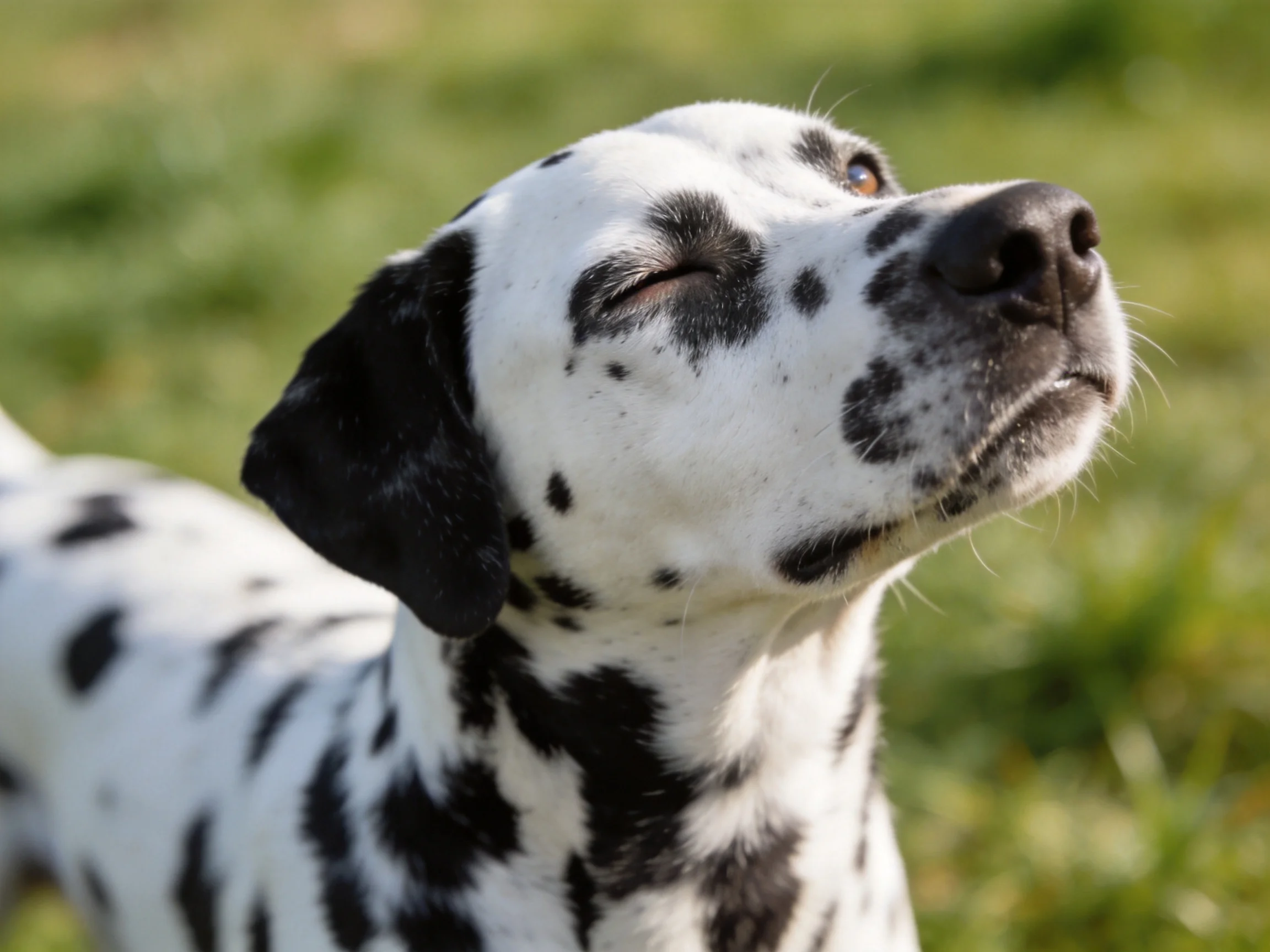 A Dalmatian dog with black spots relaxes in a sunny grassy area