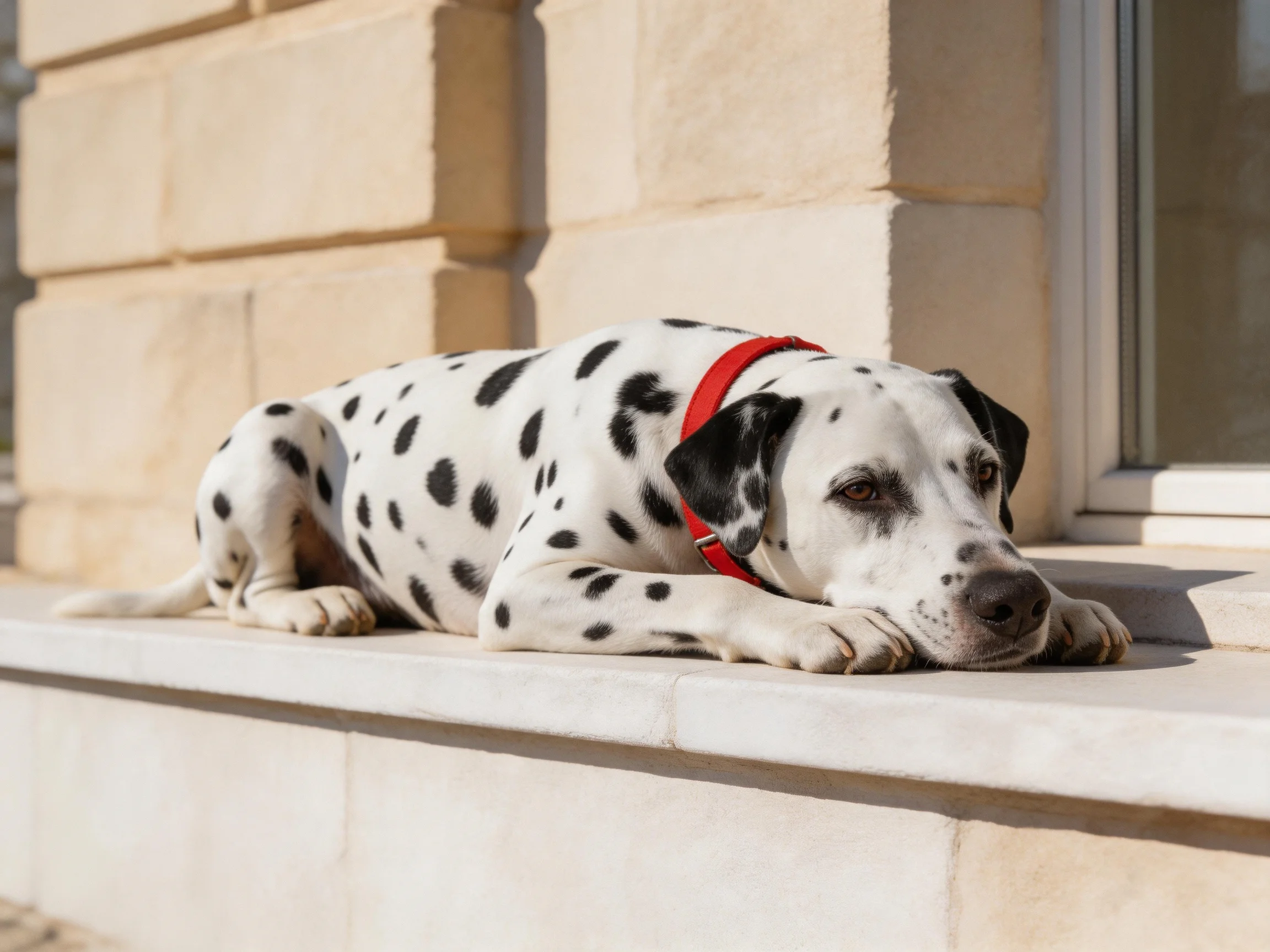A Dalmatian dog with black spots rests on a stone ledge by a building