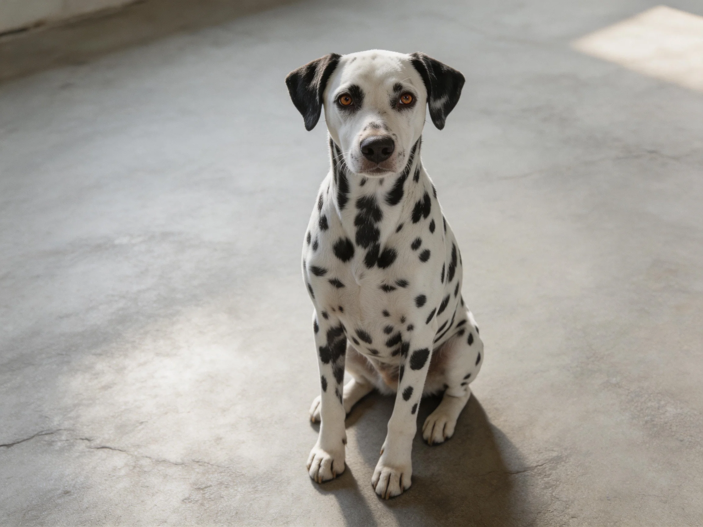 A Dalmatian dog with black spots sits on a smooth concrete floor
