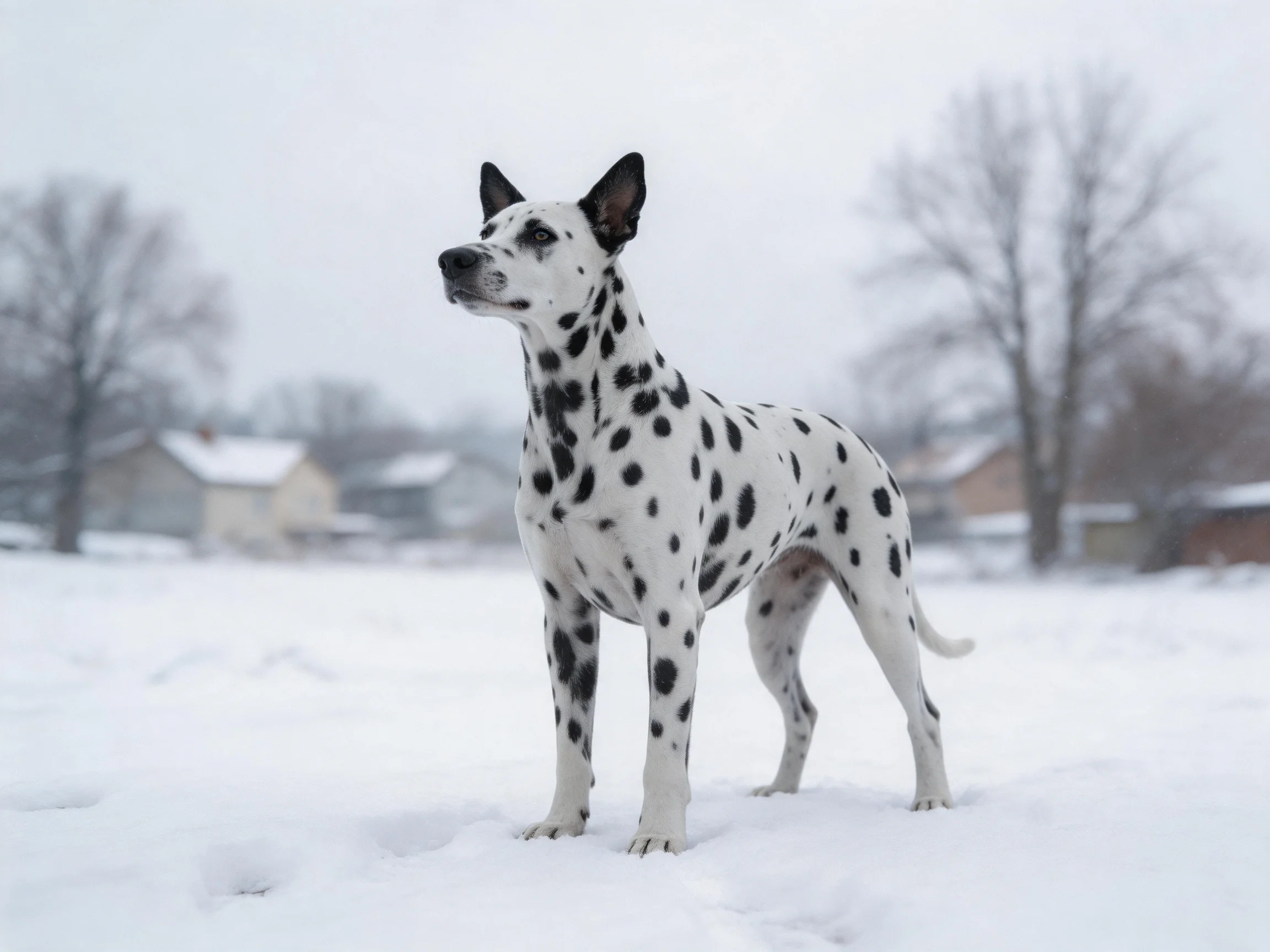 A Dalmatian dog with black spots stands in a snowy landscape.