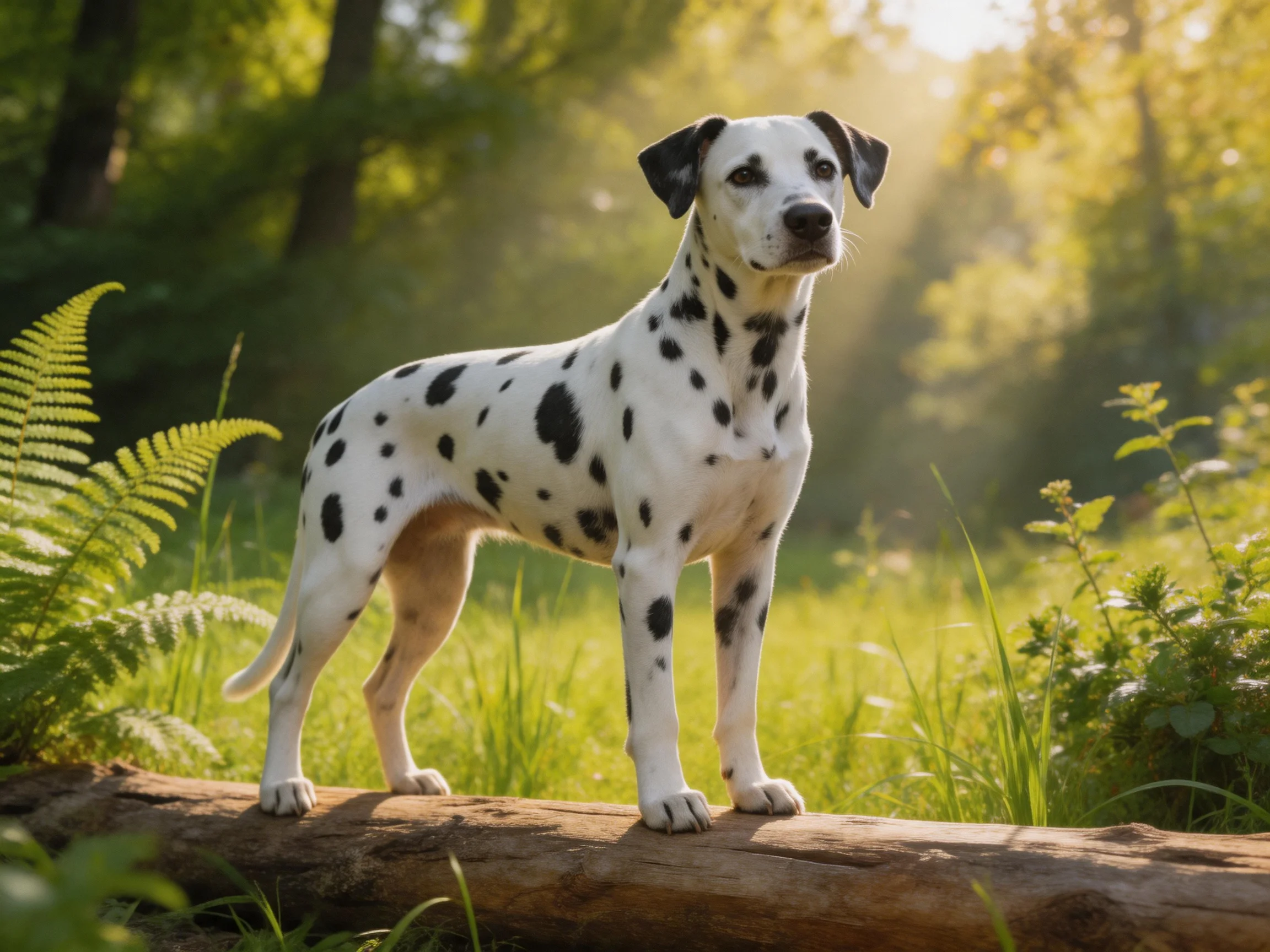 A Dalmatian stands on a log in a sunlit forest.