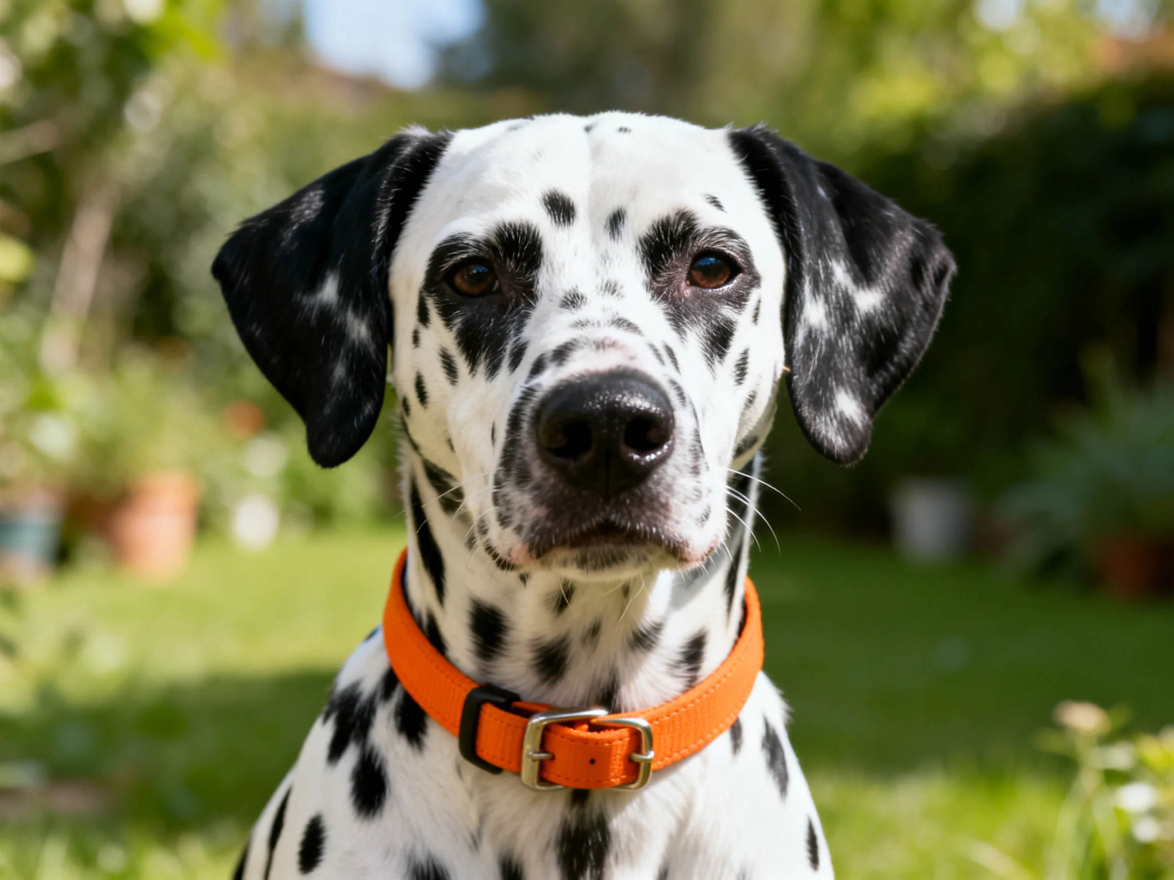 A Dalmatian dog with black spots wears an orange collar in a garden