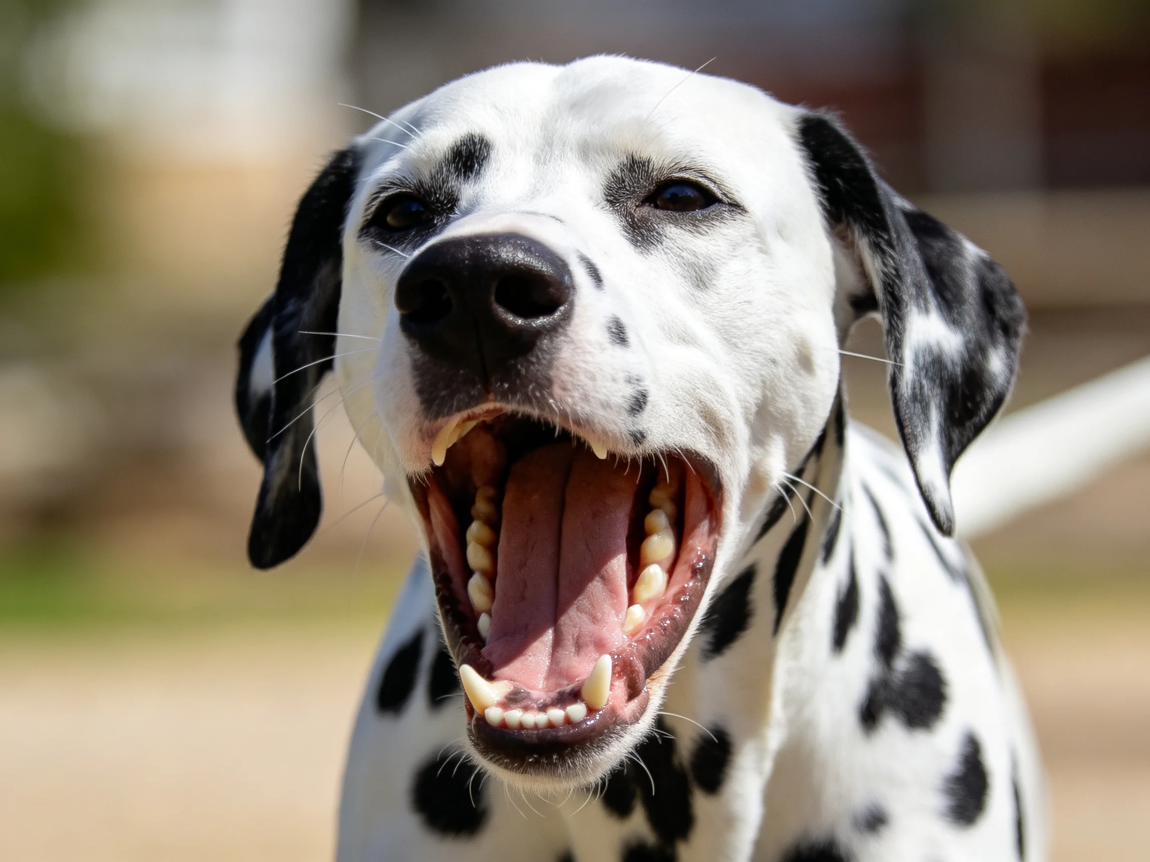 A Dalmatian dog with black spots yawning outdoors