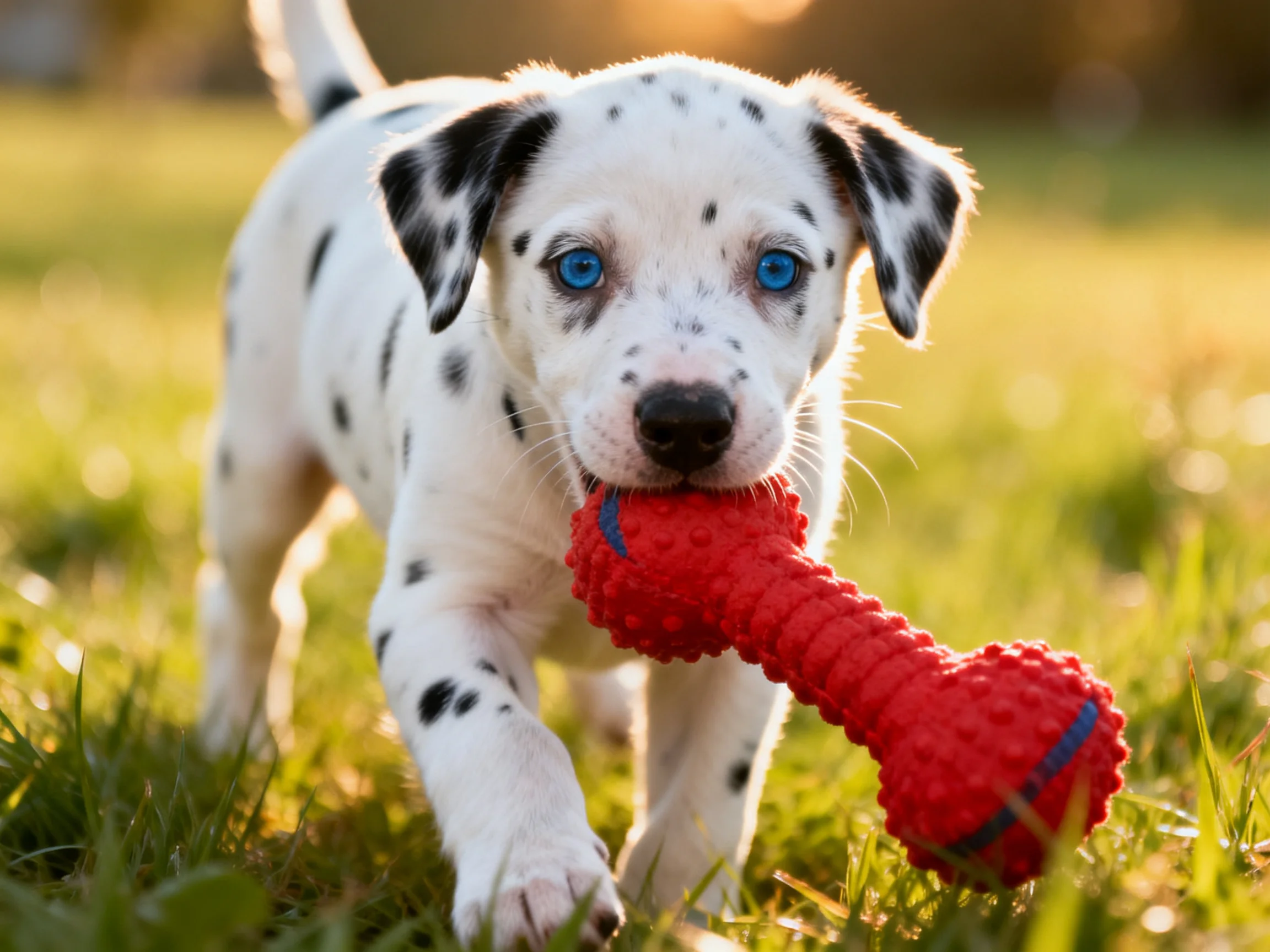 A Dalmatian puppy carrying a bright red rubber toy bone on grass