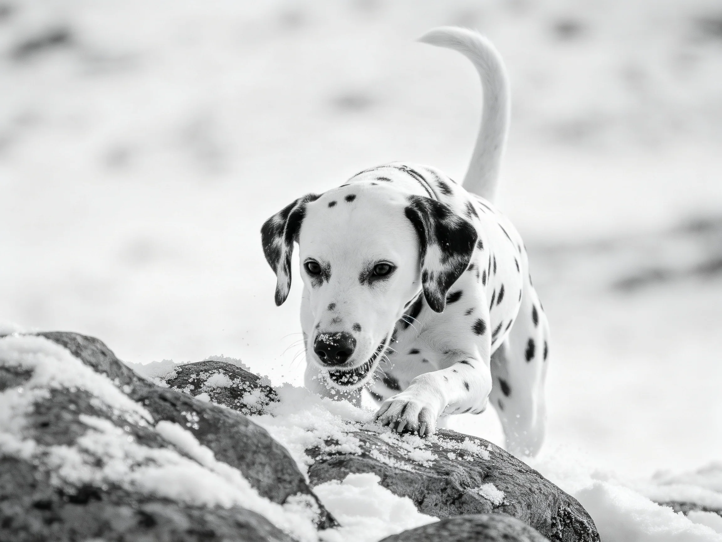 A Dalmatian puppy climbing snowy rocks in a winter landscape