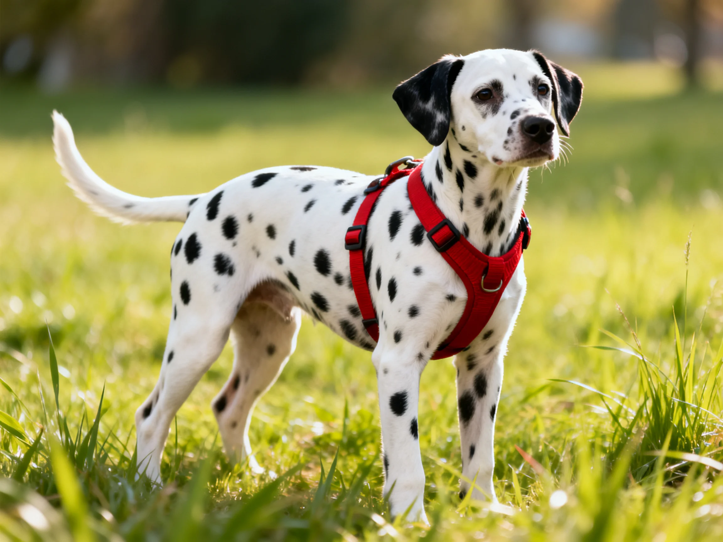A Dalmatian puppy with a bright red harness stands in a sunlit grassy field