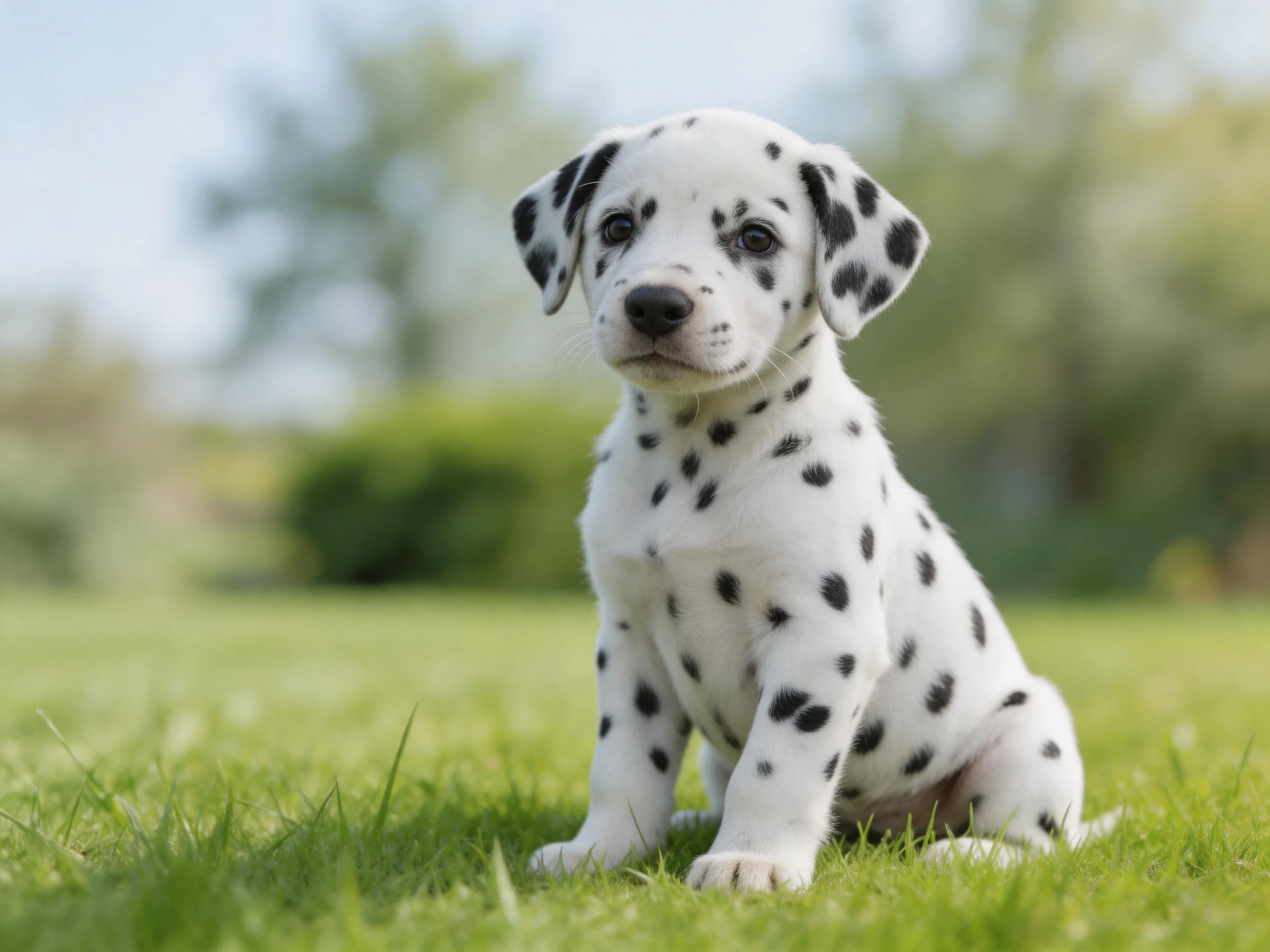 A Dalmatian puppy with black spots sits on green grass outdoors.