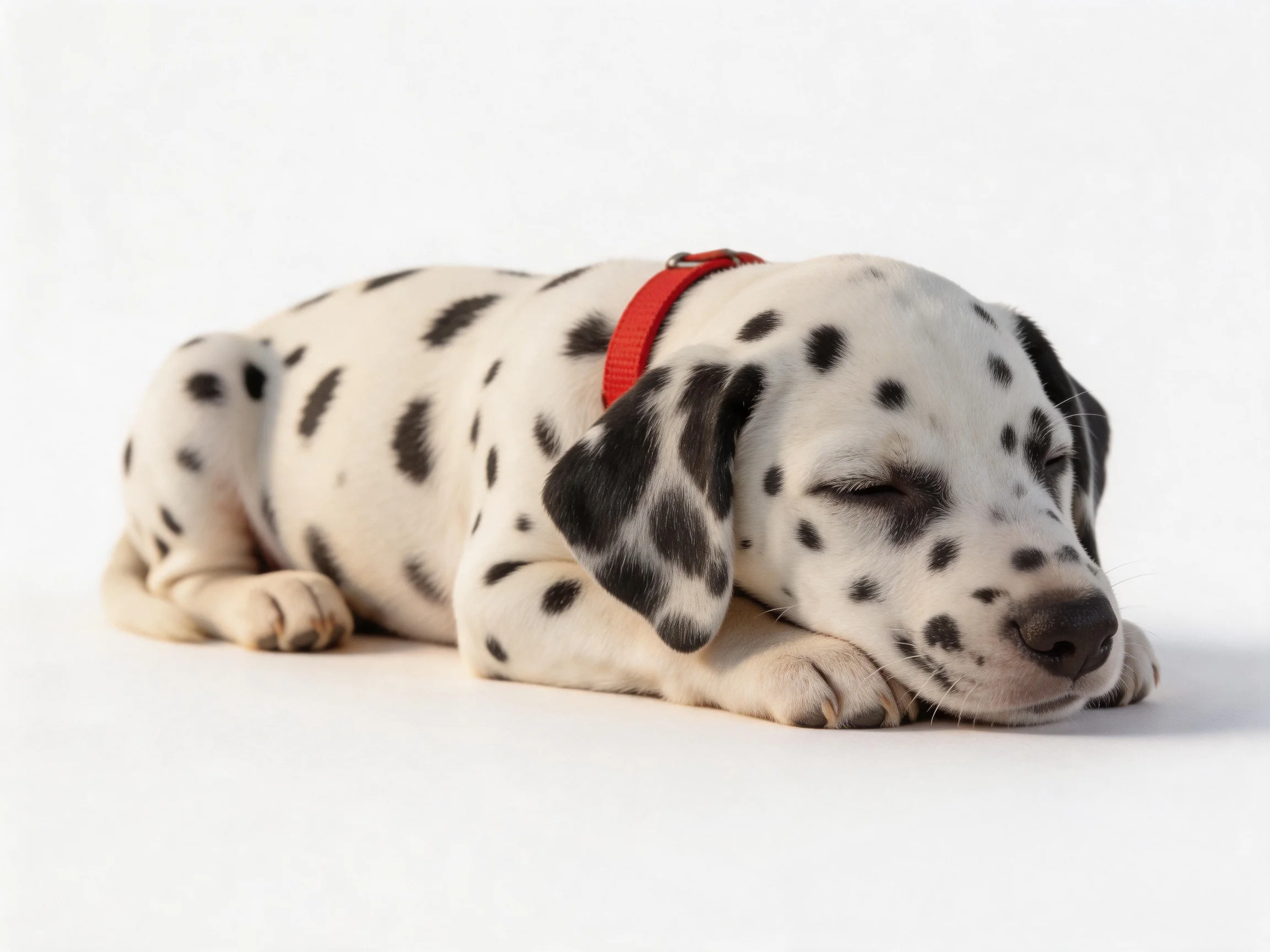 A Dalmatian puppy with black spots sleeps while wearing a red collar