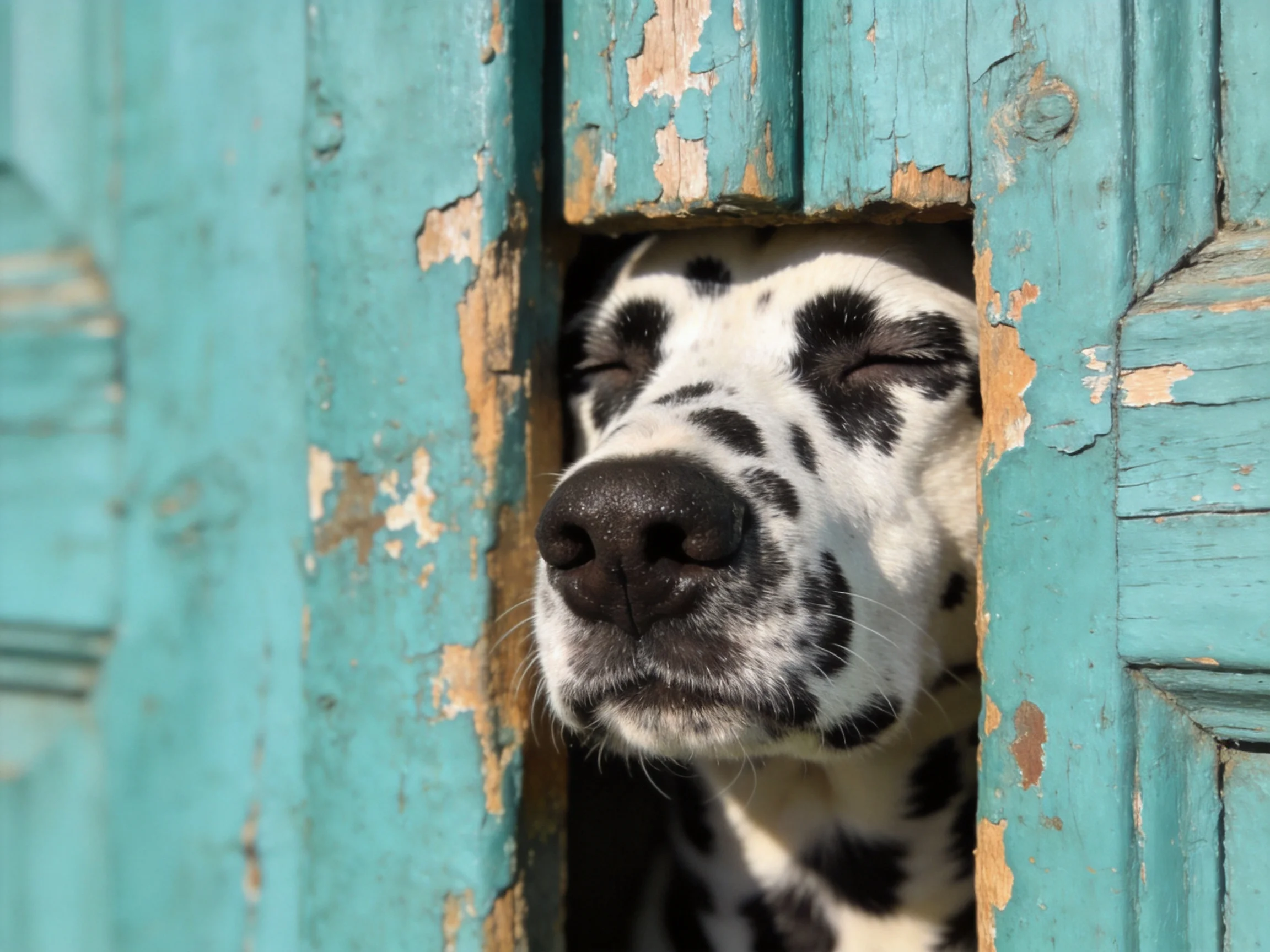 A Dalmatian rests in a small opening of a weathered turquoise wooden door