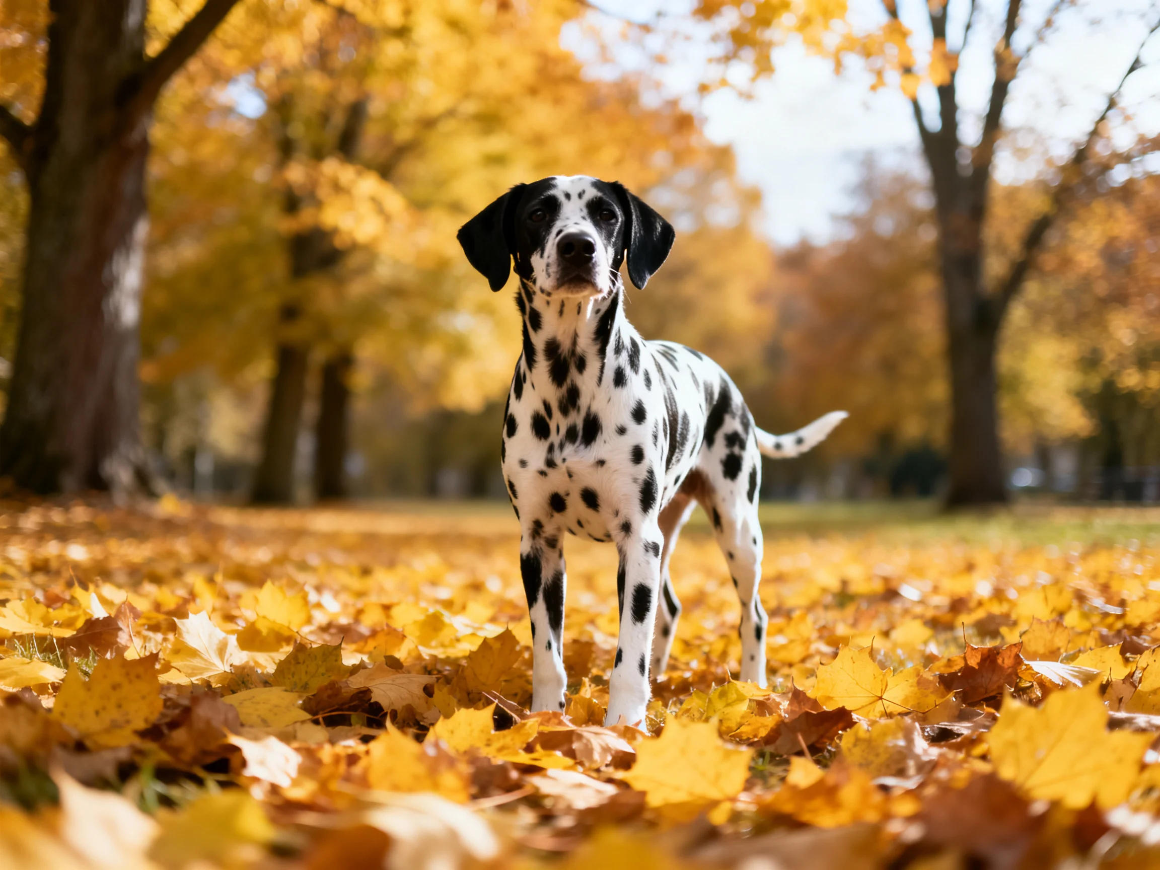 A Dalmatian stands amid golden fallen leaves in an autumn park