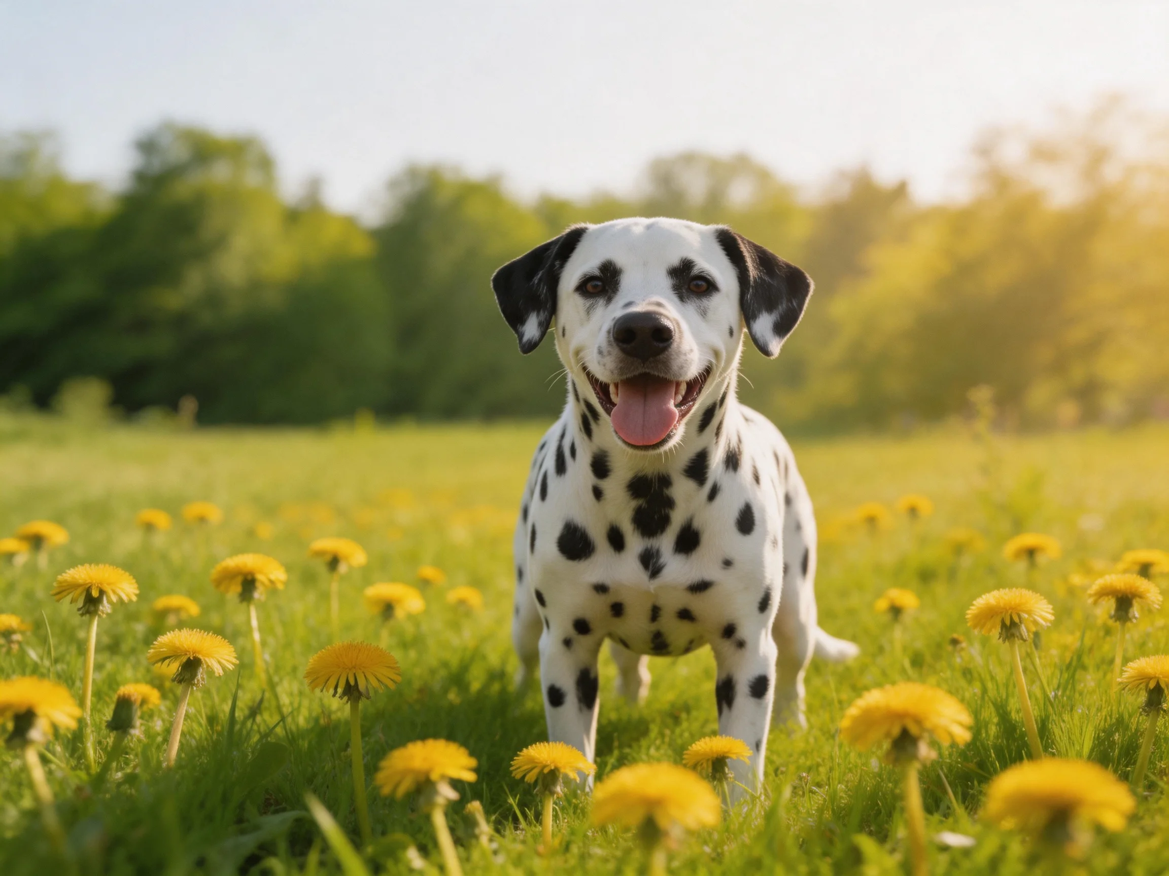 A Dalmatian stands amid many yellow dandelions in a sunlit meadow