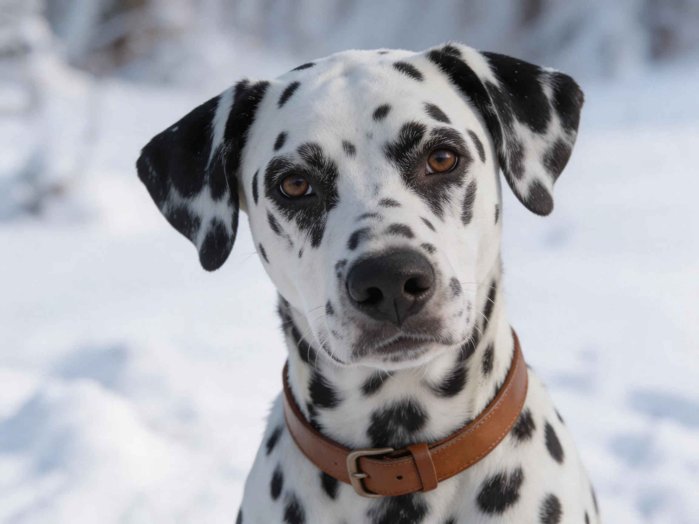 A Dalmatian with black spots and brown collar in a snowy outdoor scene