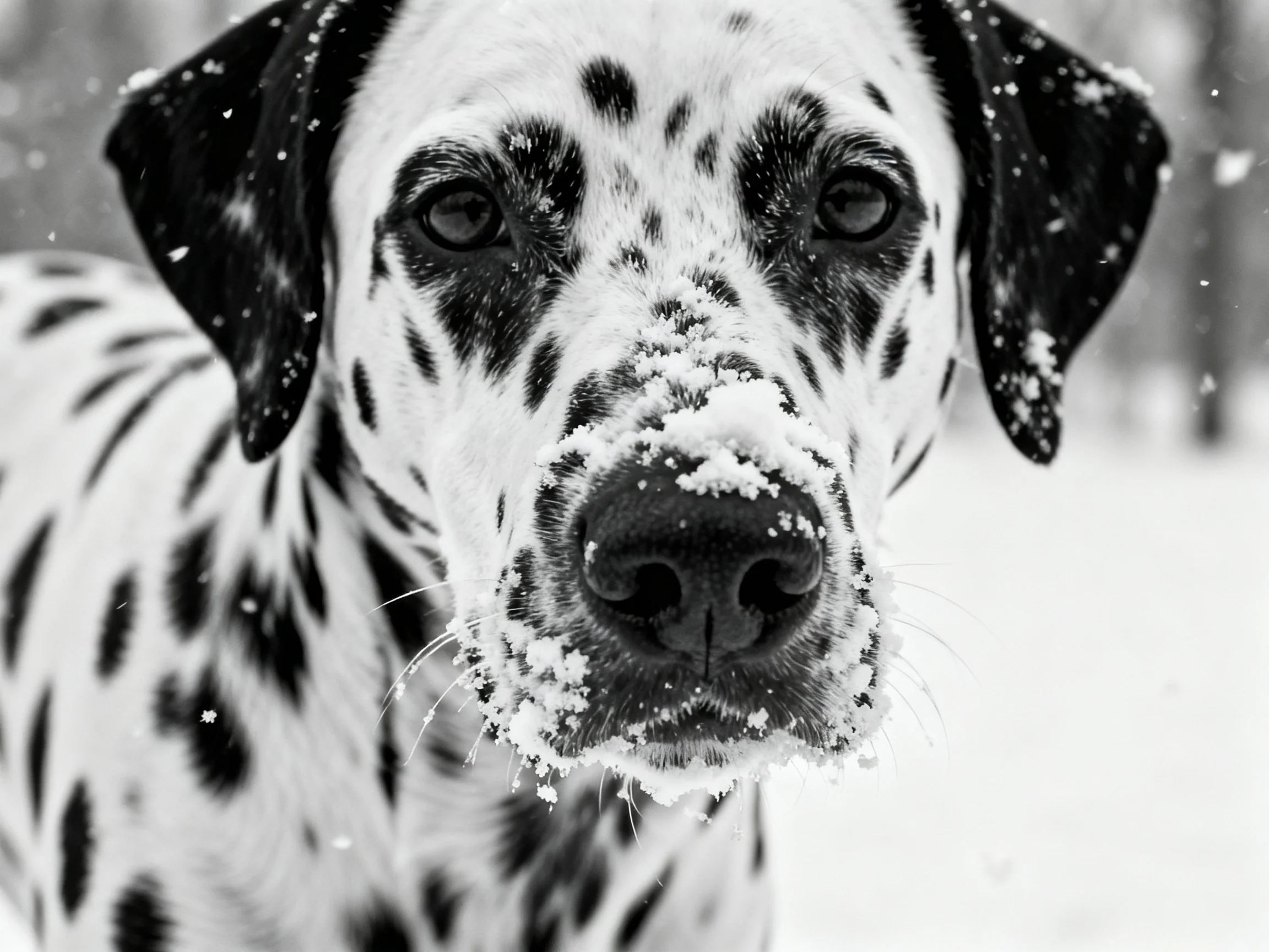 A Dalmatian with black spots in falling snow
