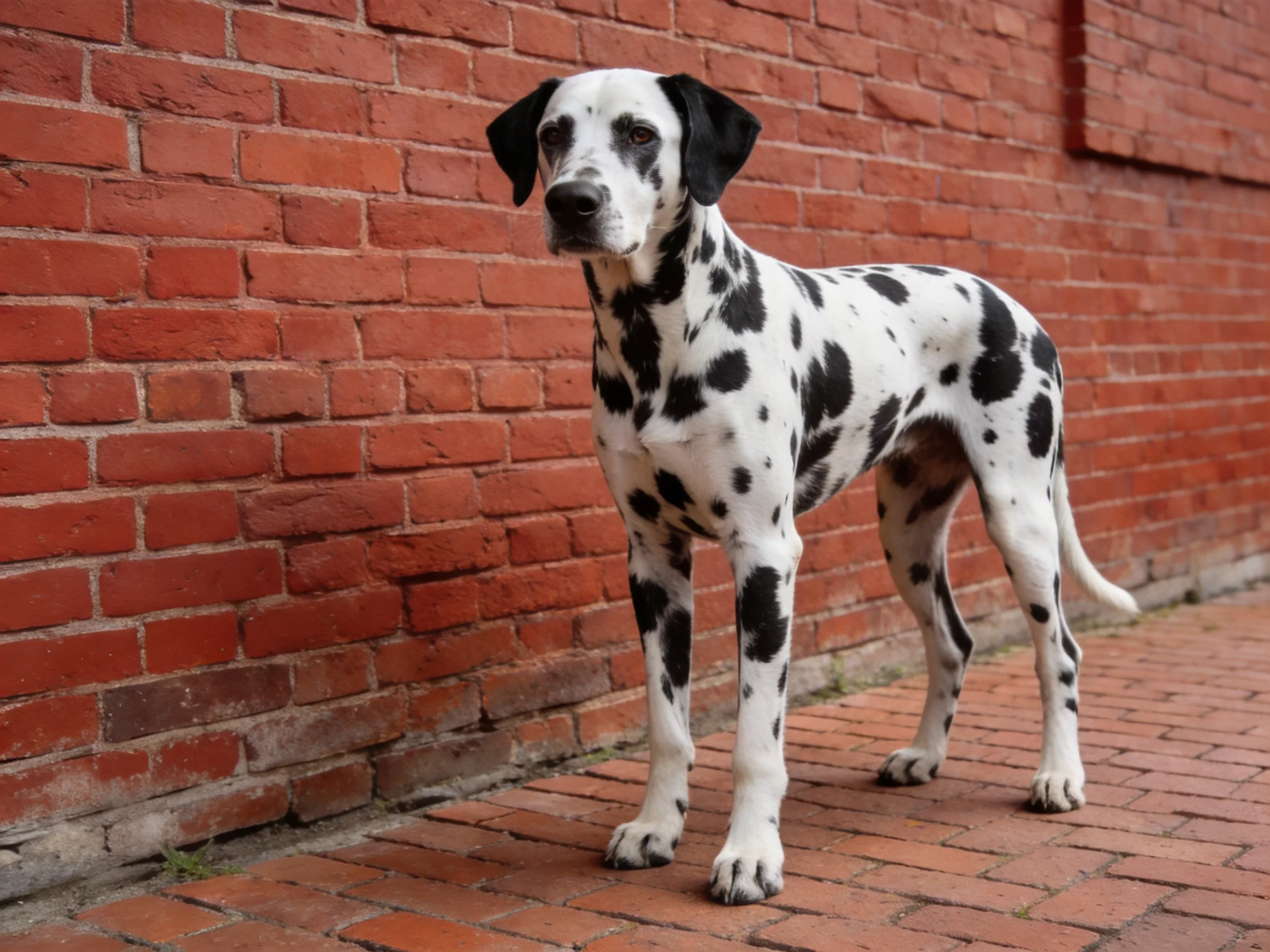 A Dalmatian with black spots stands near a red brick wall.