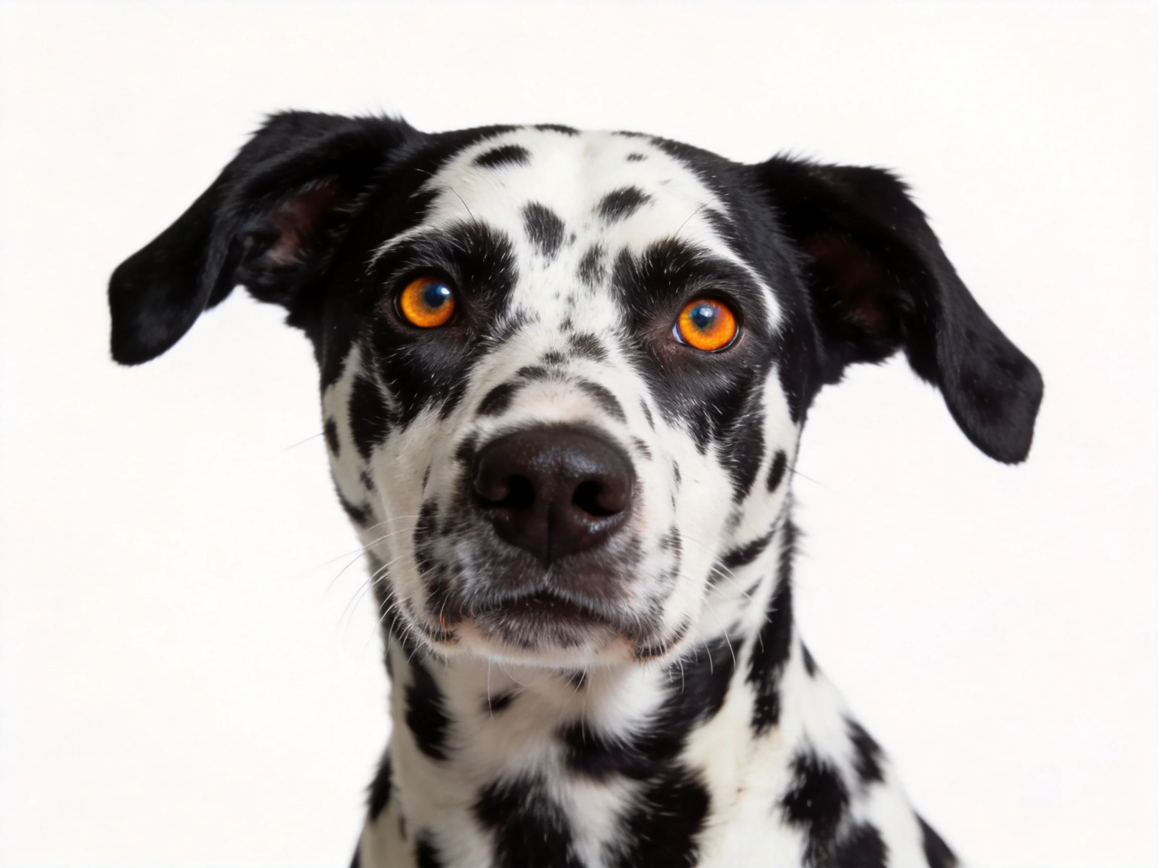 A Dalmatian with striking orange eyes and black-and-white spotted coat