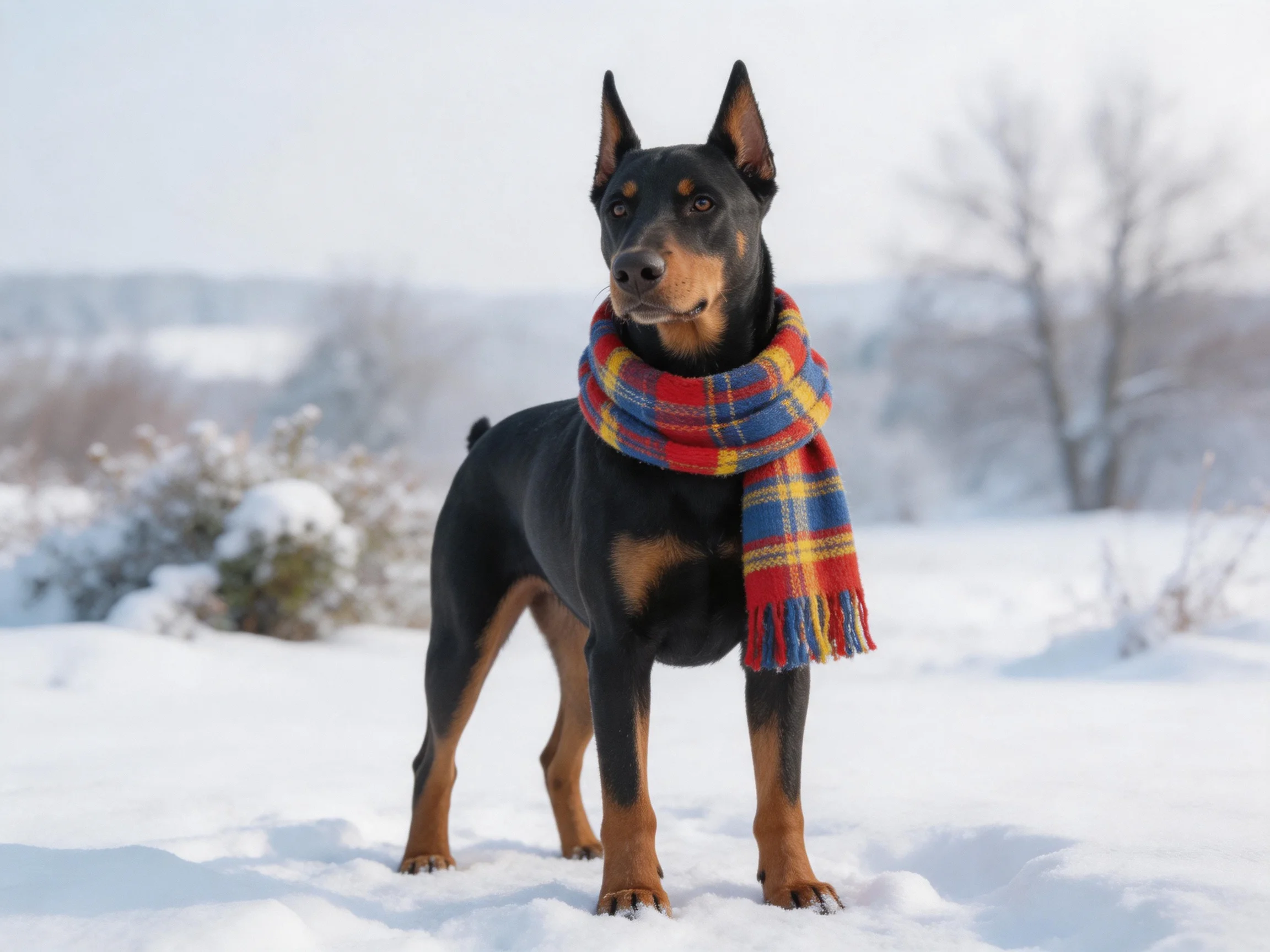 A Doberman in Snow with a Red-Blue Plaid Scarf