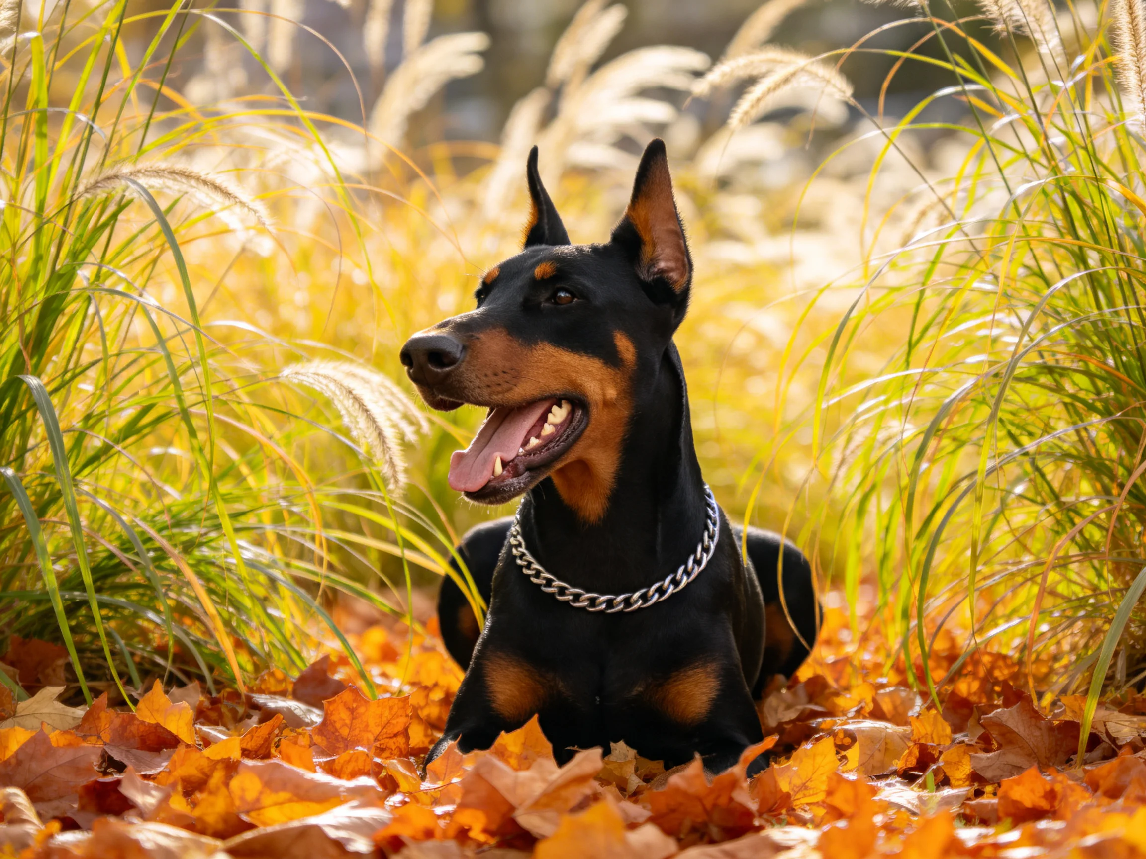 A Doberman rests amid vibrant autumn leaves and golden grasses
