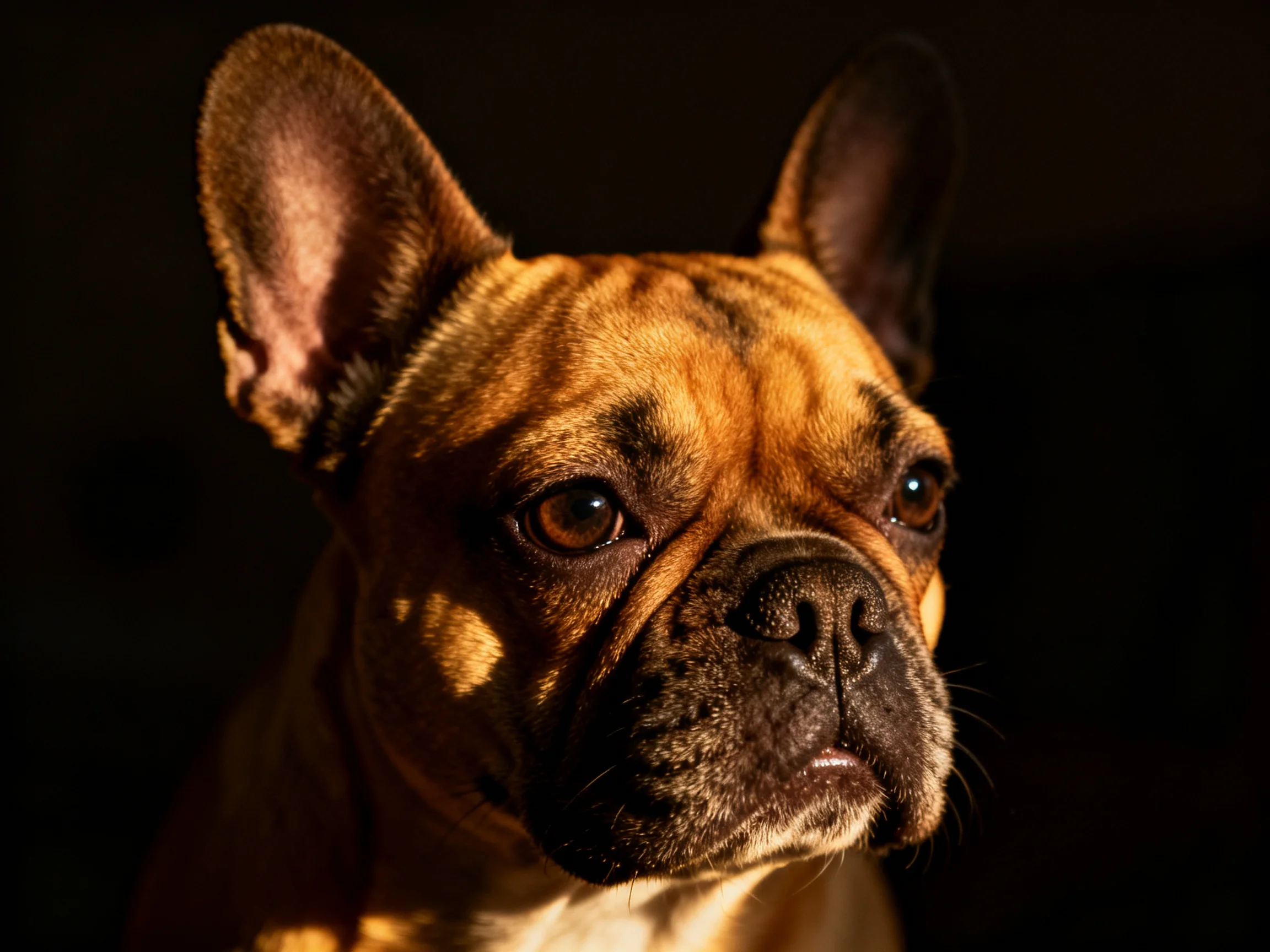 Dramatic lighting highlights a French Bulldog’s facial features against a dark background.