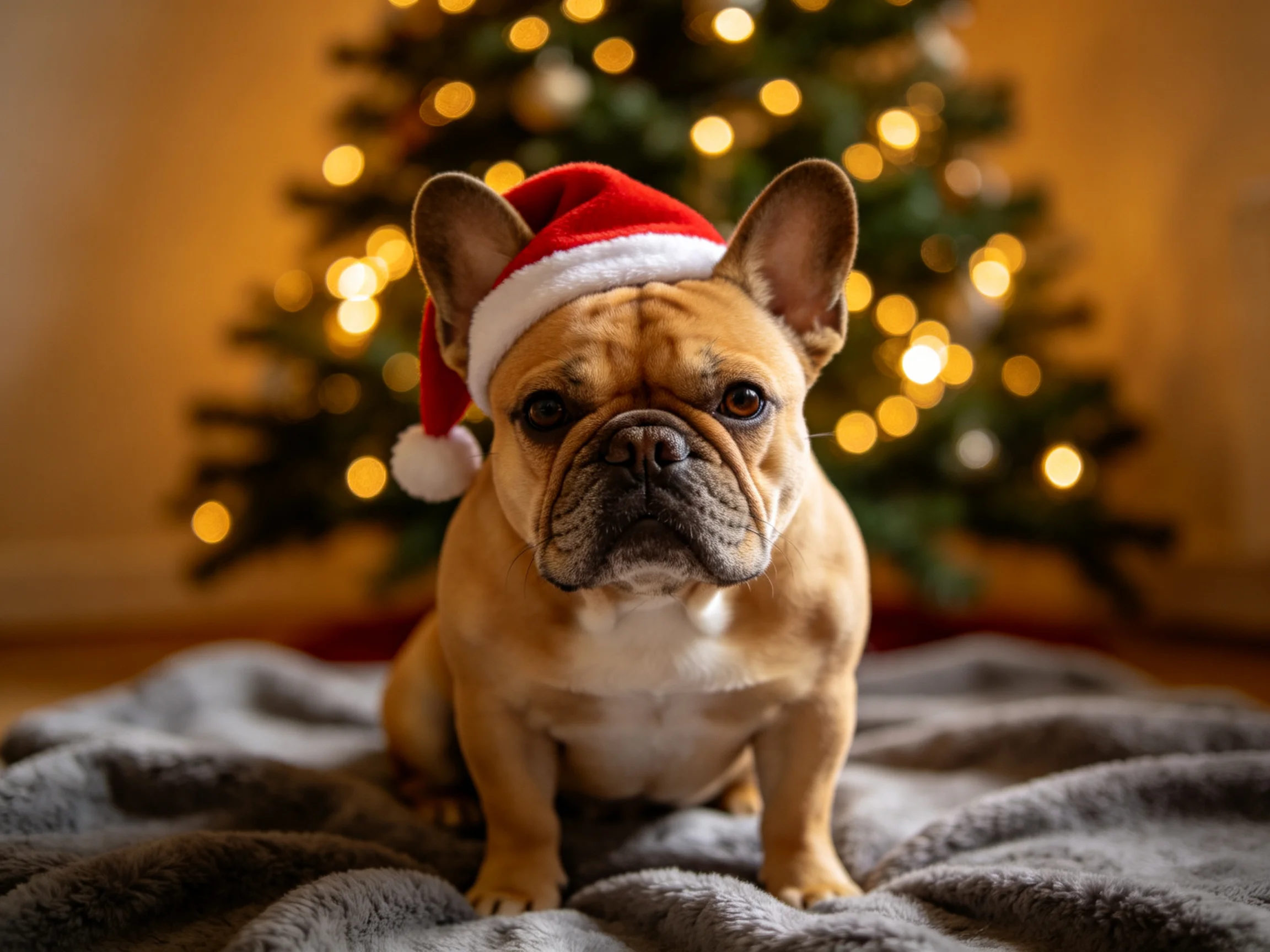 A French bulldog in a Santa hat rests near a lit Christmas tree