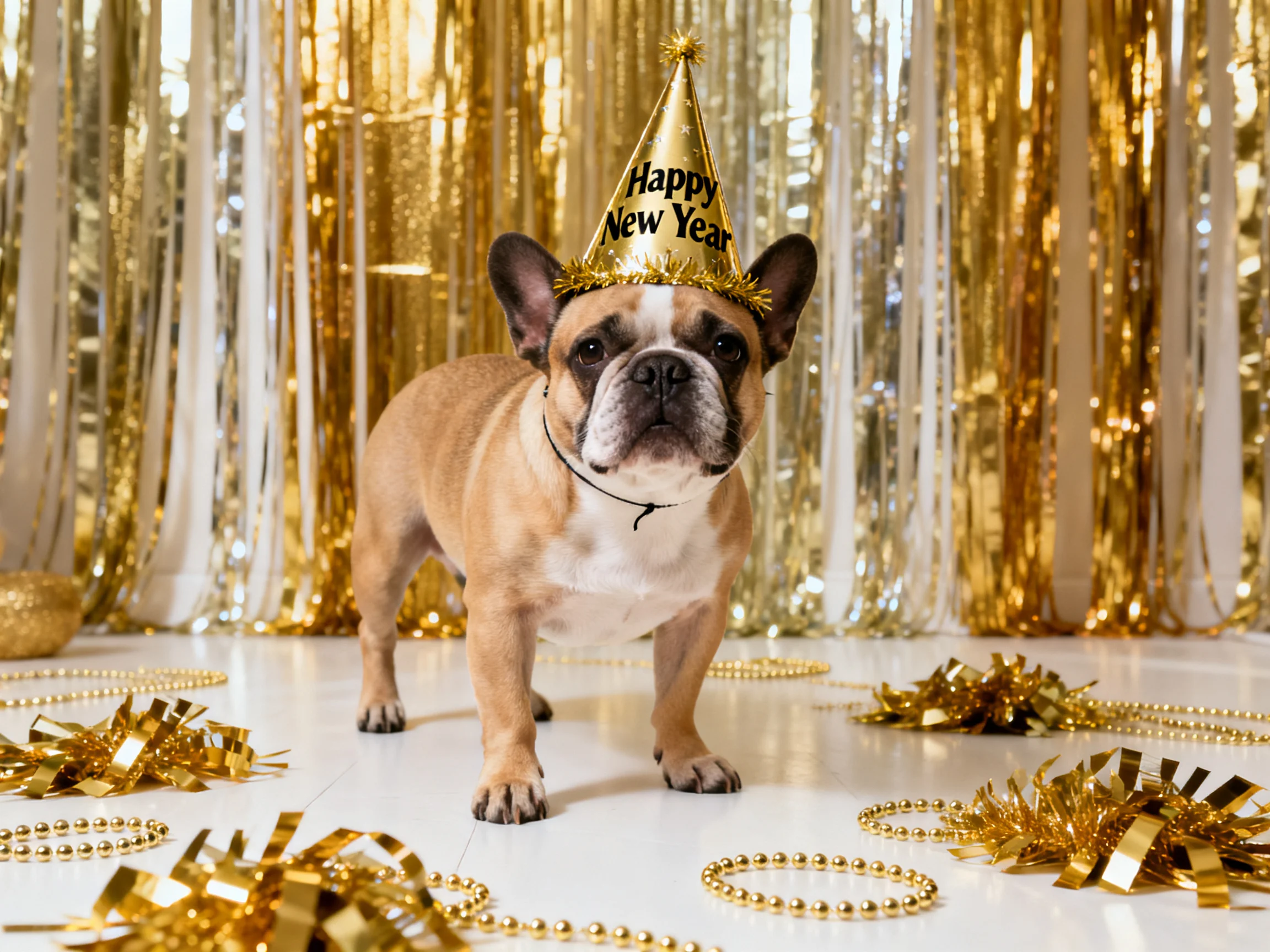 A French bulldog in a golden Happy New Year party hat surrounded by gold decorations