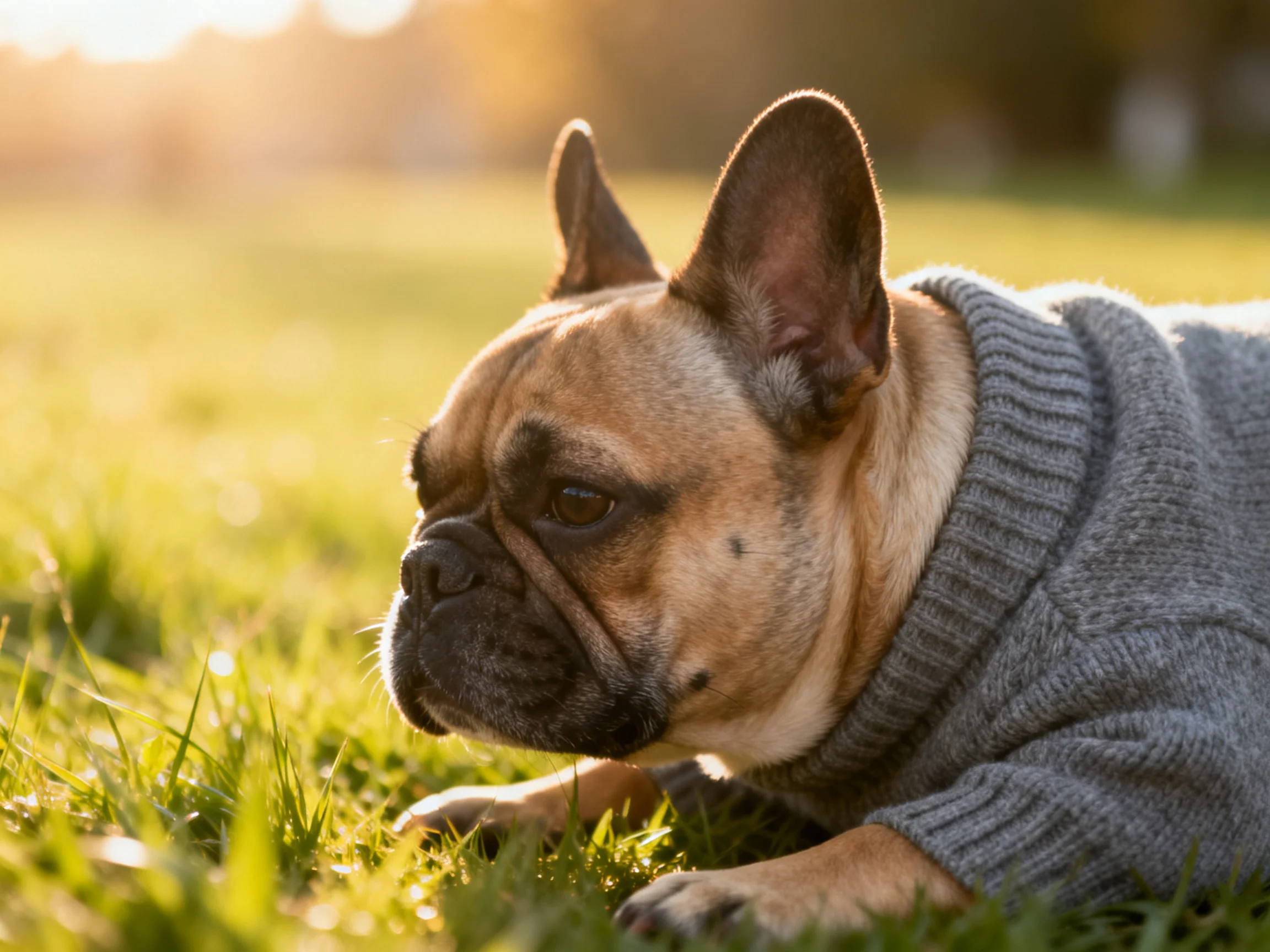 A French bulldog in a gray sweater rests on sunlit green grass