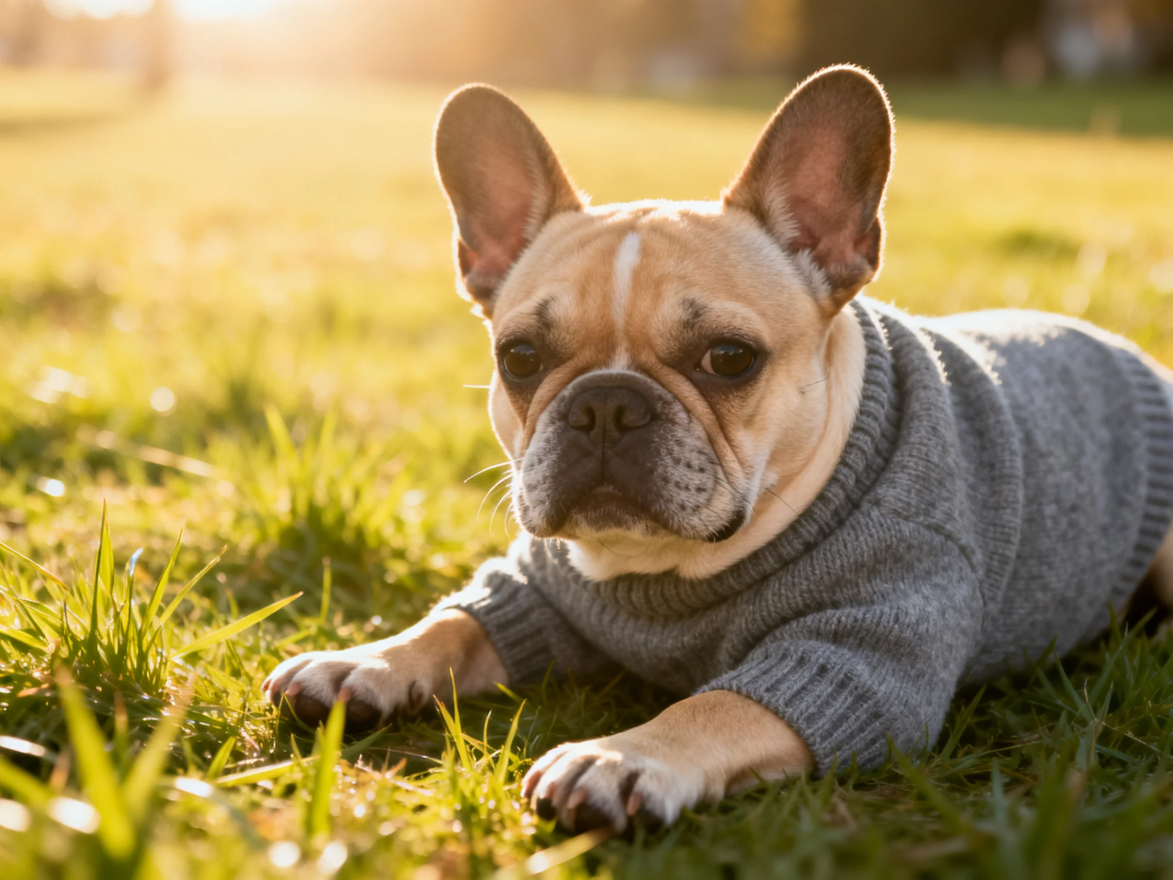 A French bulldog in a gray sweater rests on sunlit green grass