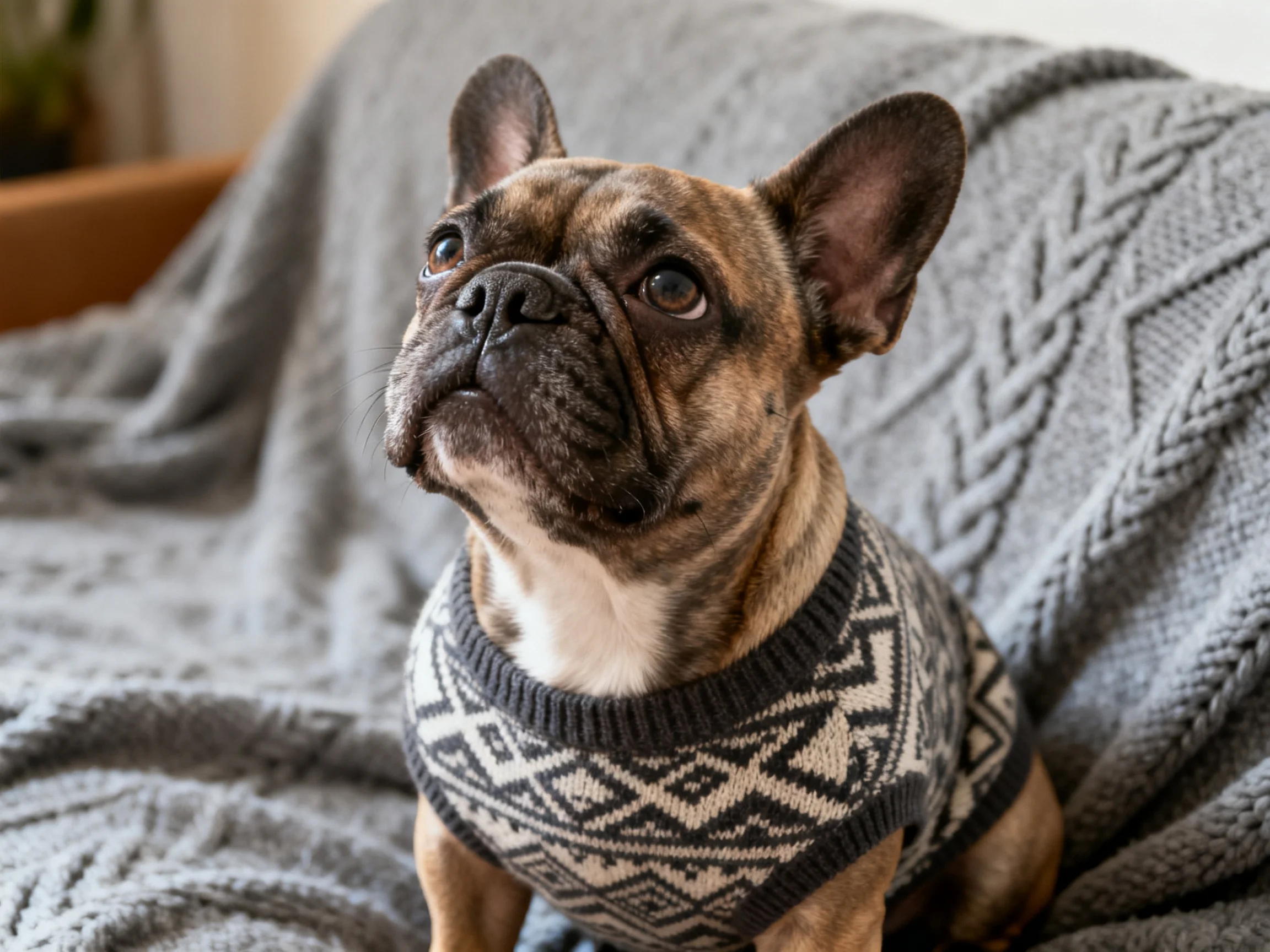 A French bulldog in a patterned sweater sits on a textured gray blanket