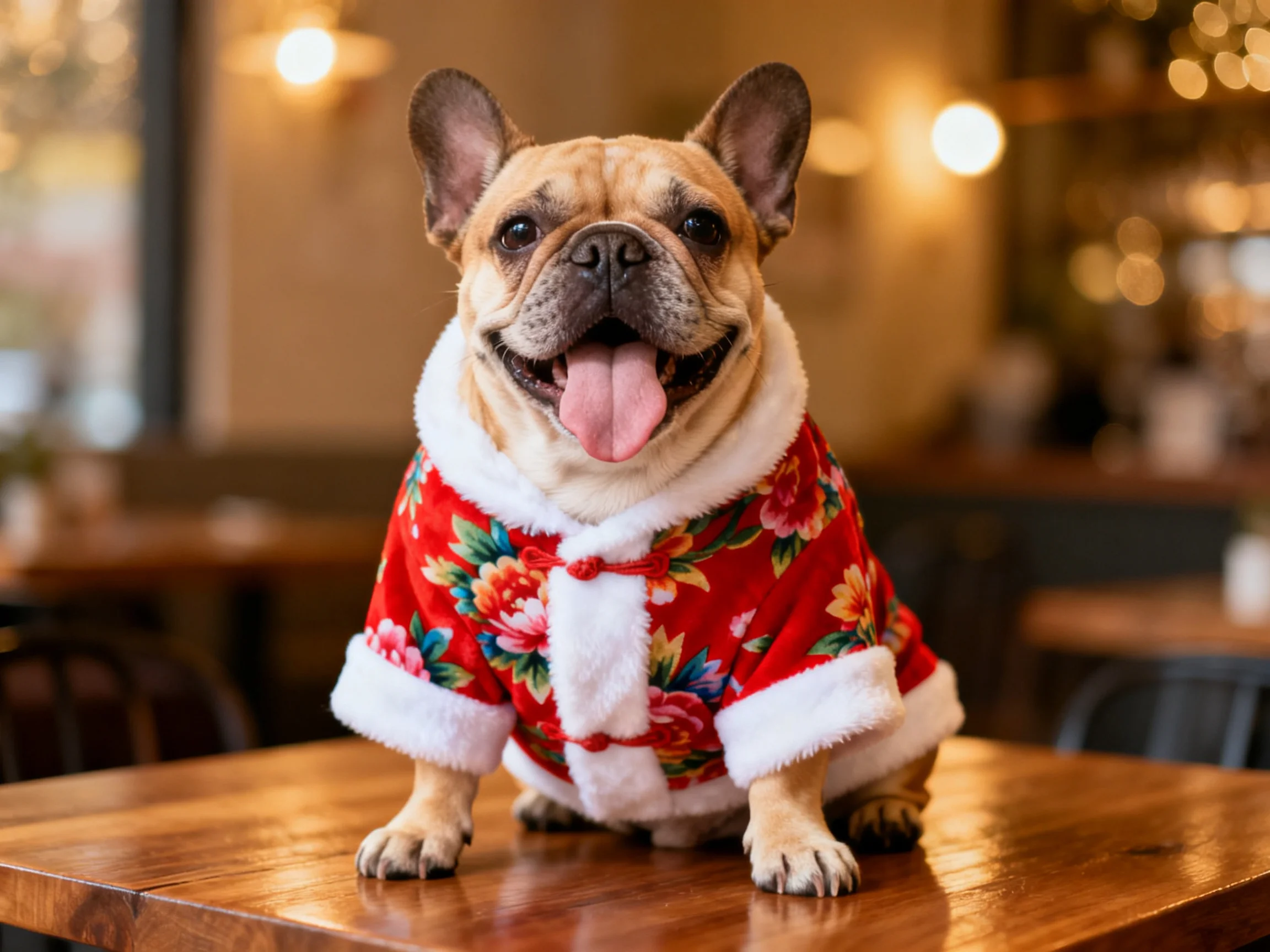 A French bulldog in a red floral coat sits on a wooden table
