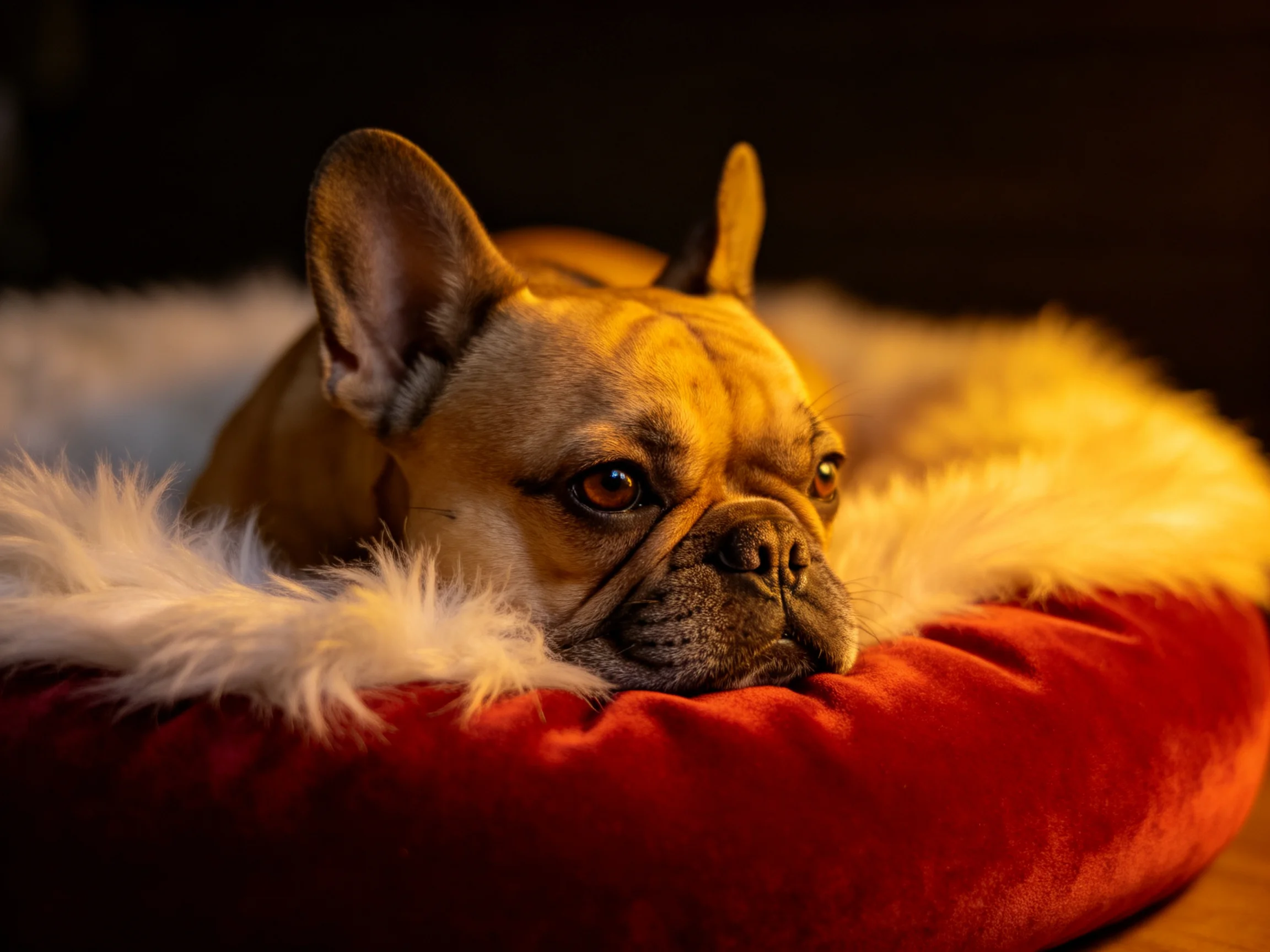 A French bulldog lounges on a plush red bed with white fur accents