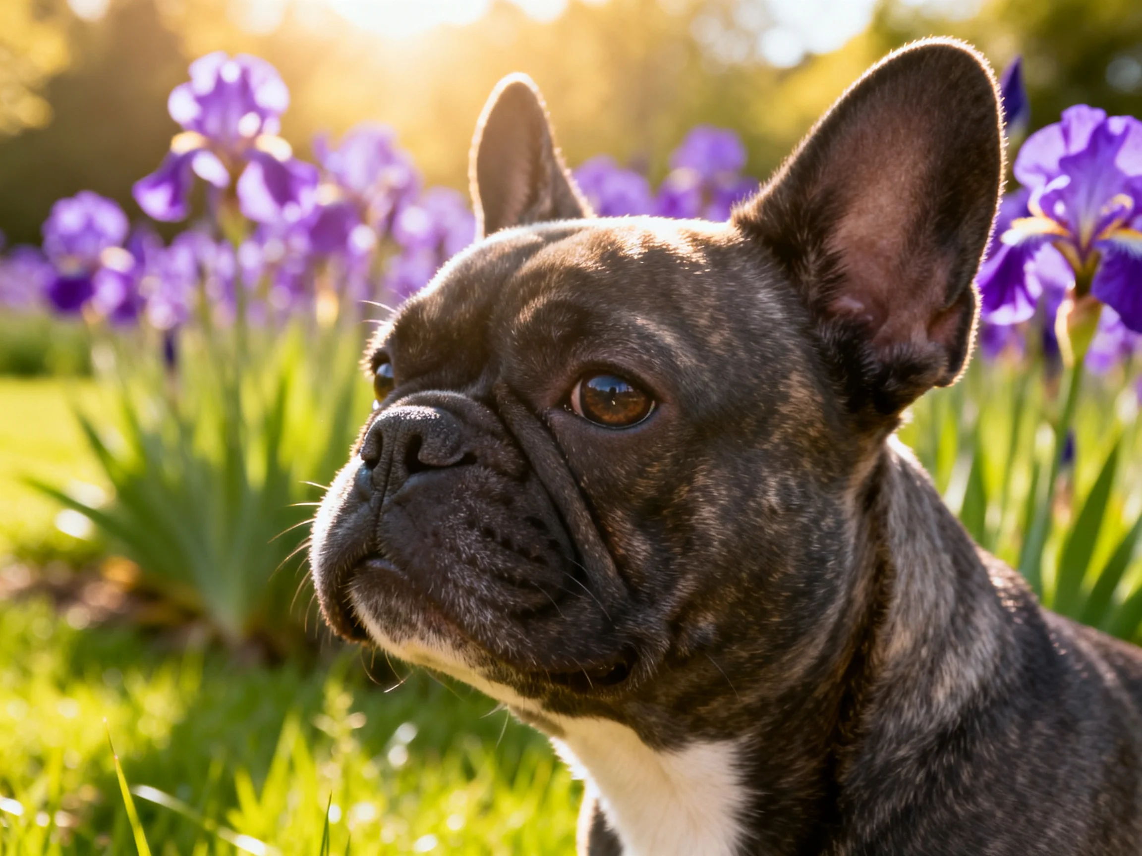 A French bulldog sits among purple iris flowers in a sunlit garden.