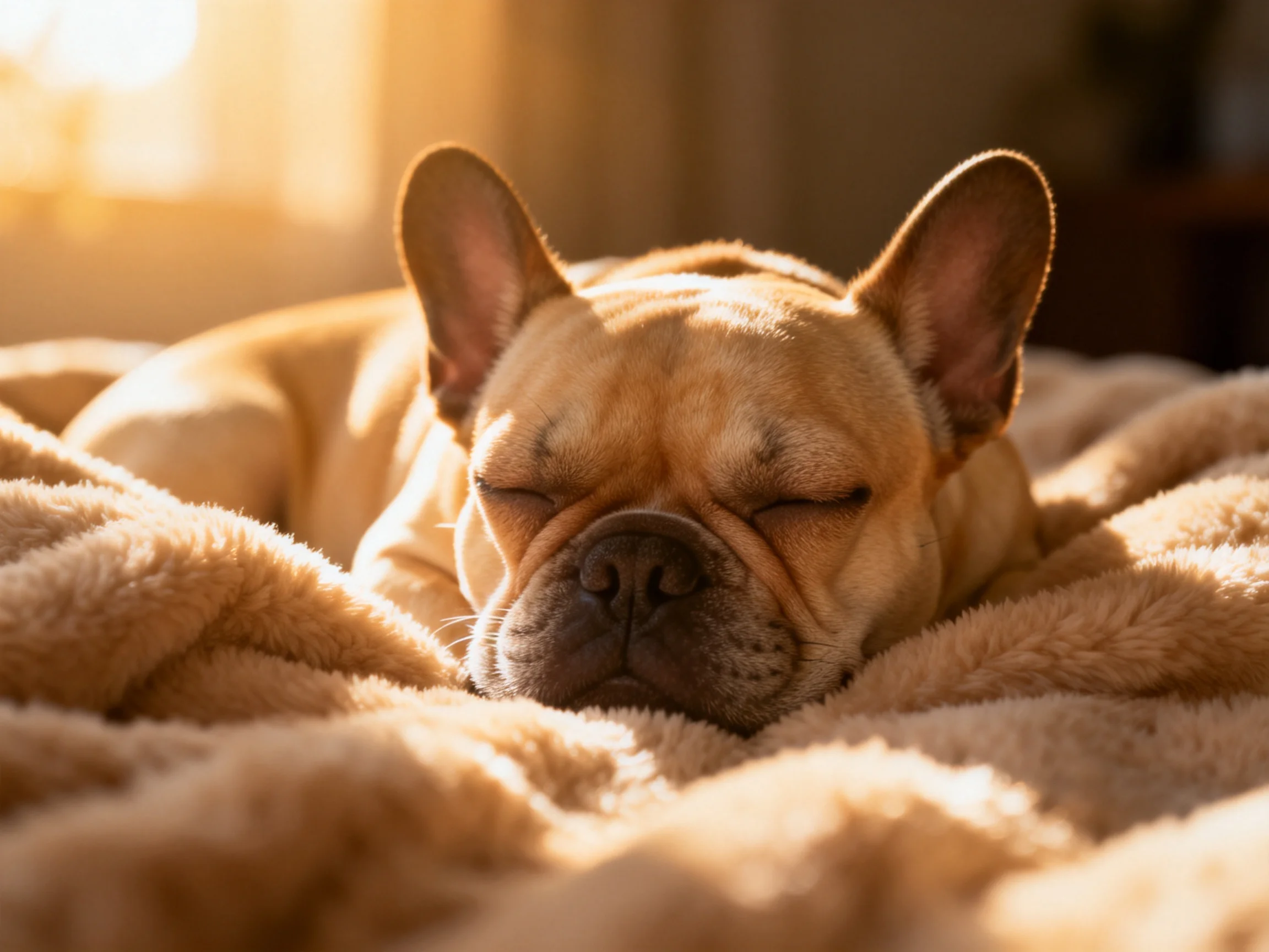 A French bulldog rests on a plush beige blanket amid golden sunlight