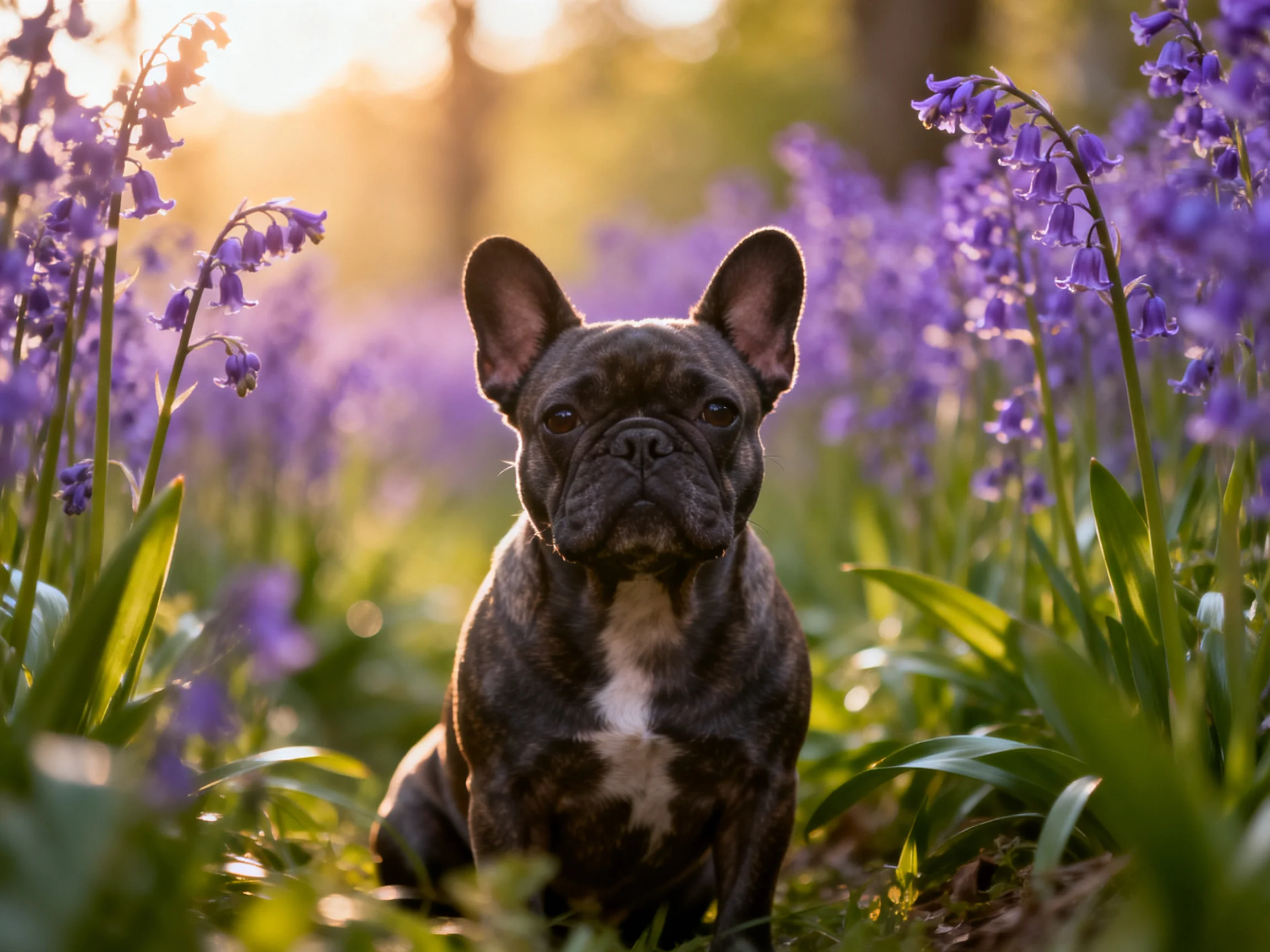 A French bulldog sits calmly among purple wildflowers in a sunlit natural setting.