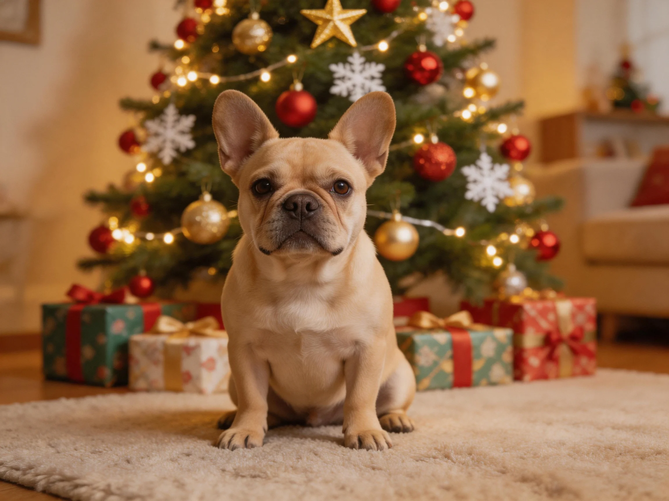 A French bulldog sits before a decorated Christmas tree with colorful gifts
