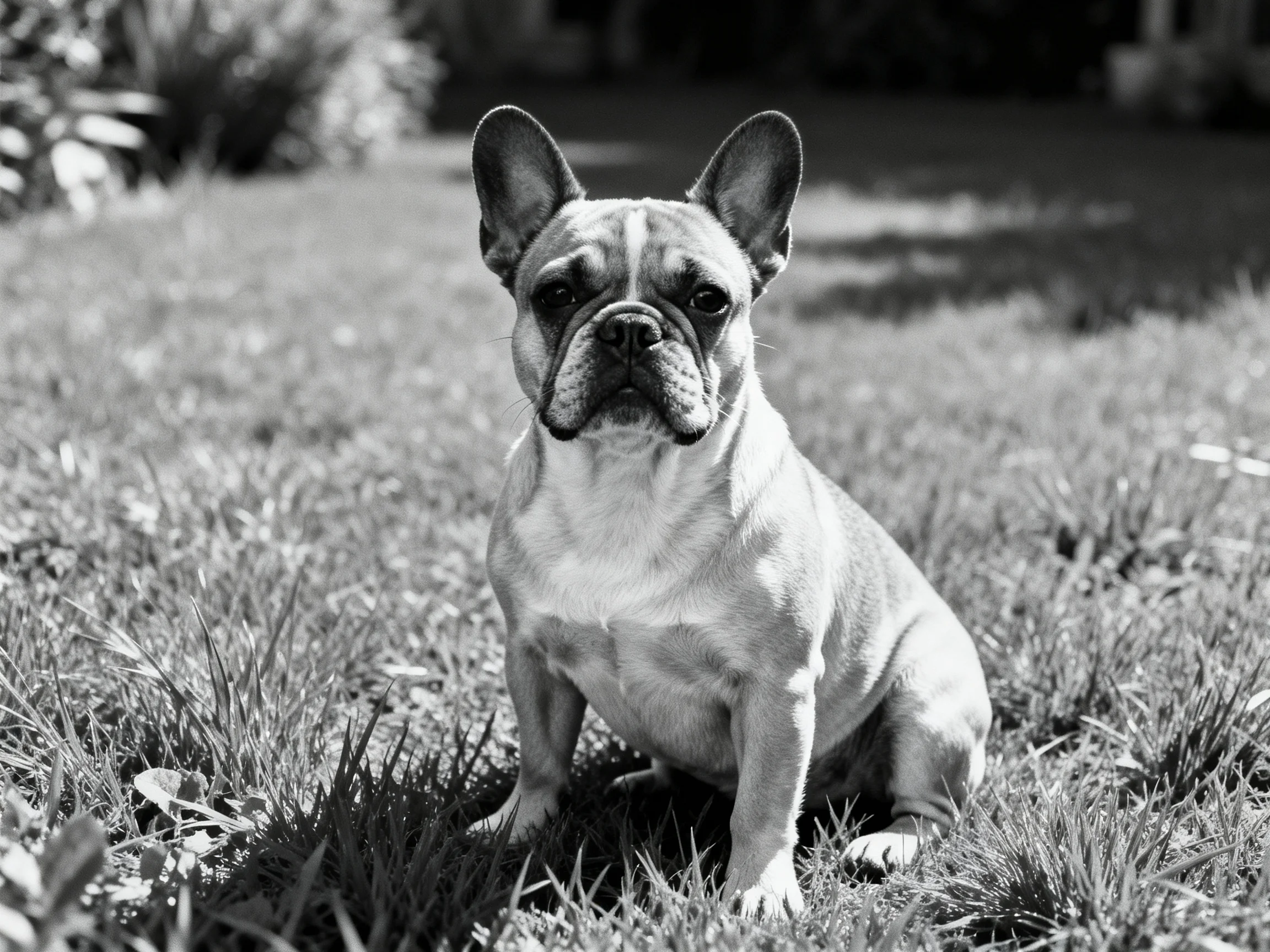 A French bulldog sits on a sunlit grassy lawn with blurred surroundings