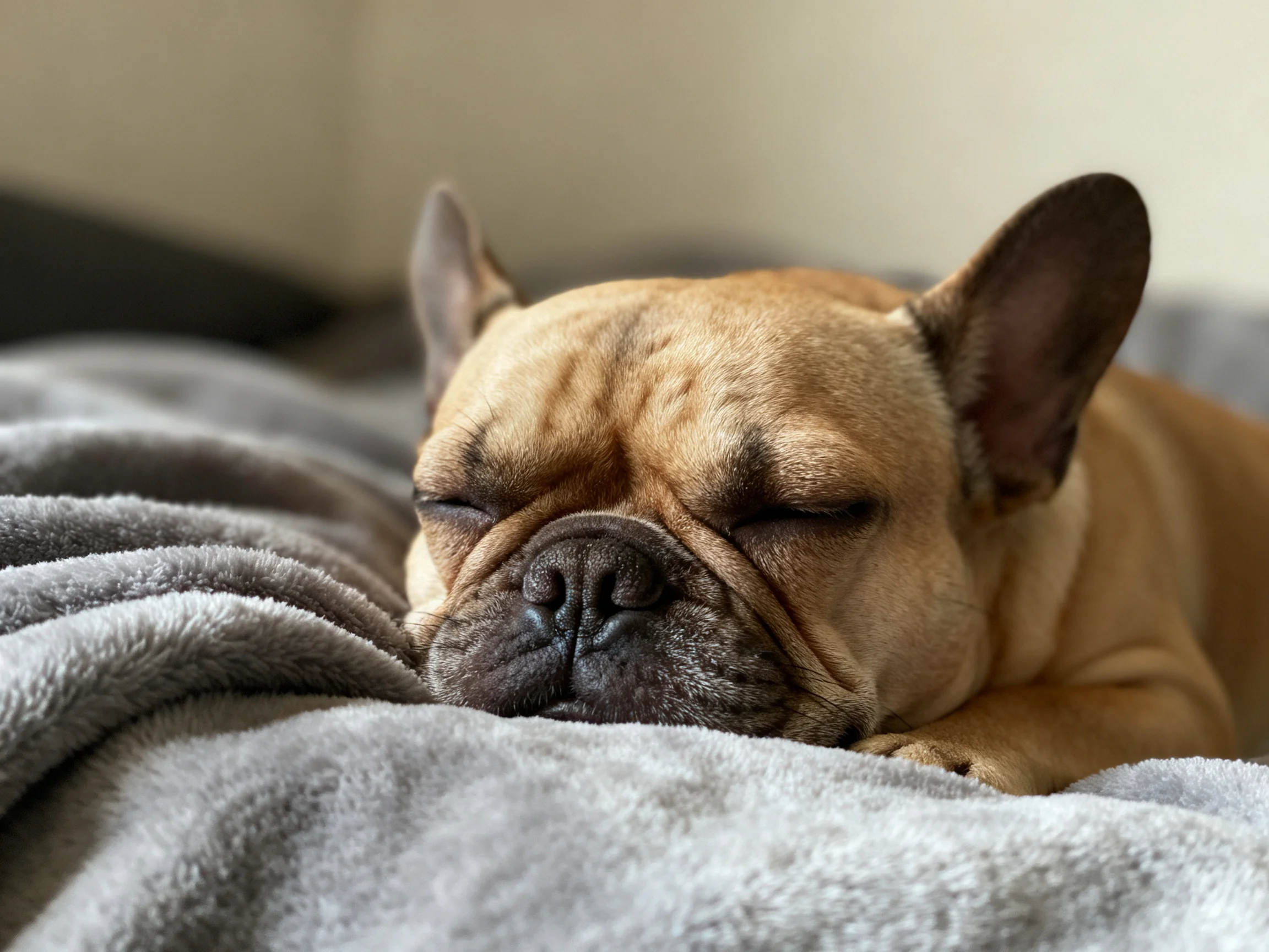 A French bulldog rests quietly on soft blankets.