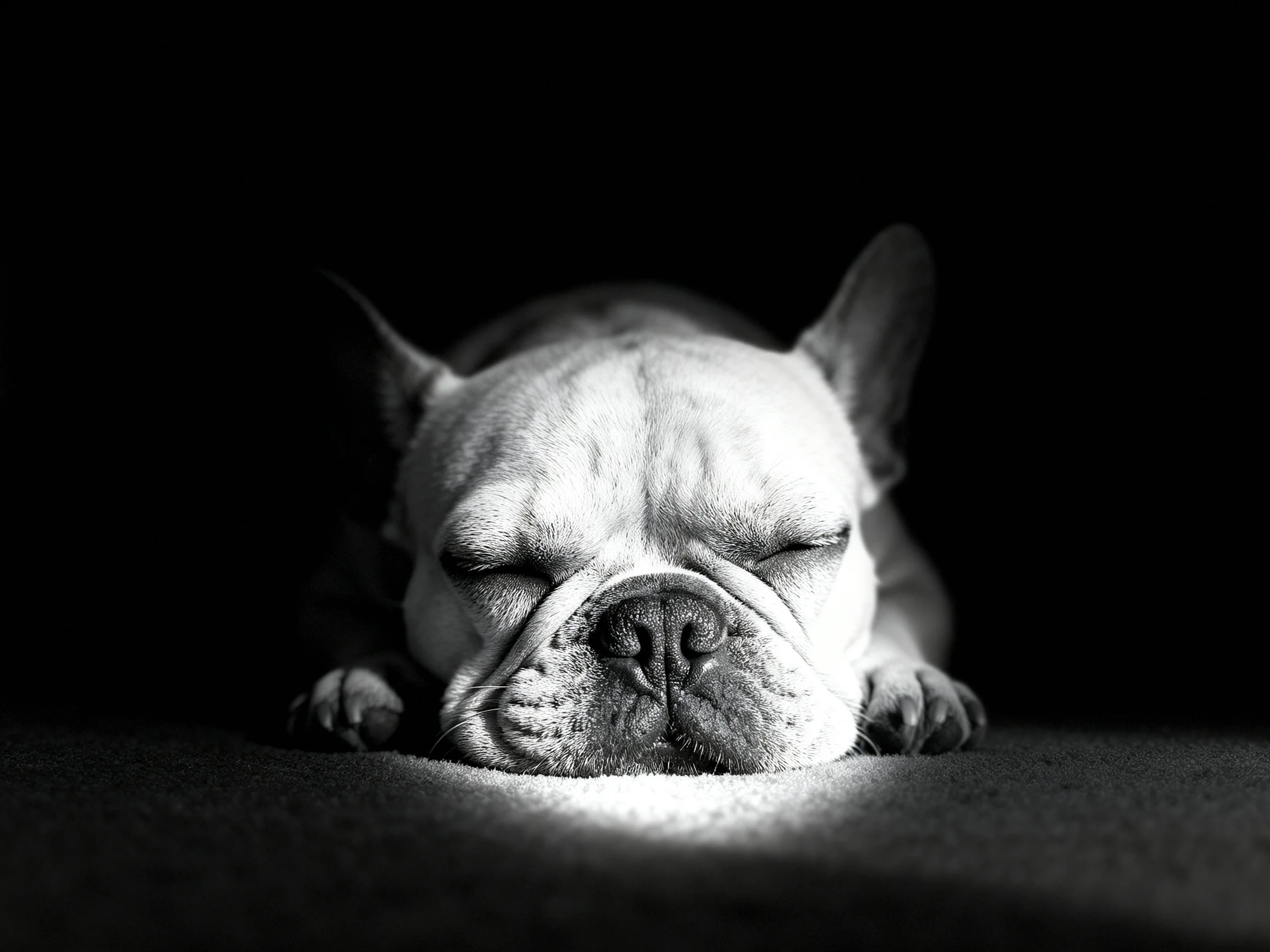 A French bulldog sleeps peacefully under stark monochrome lighting