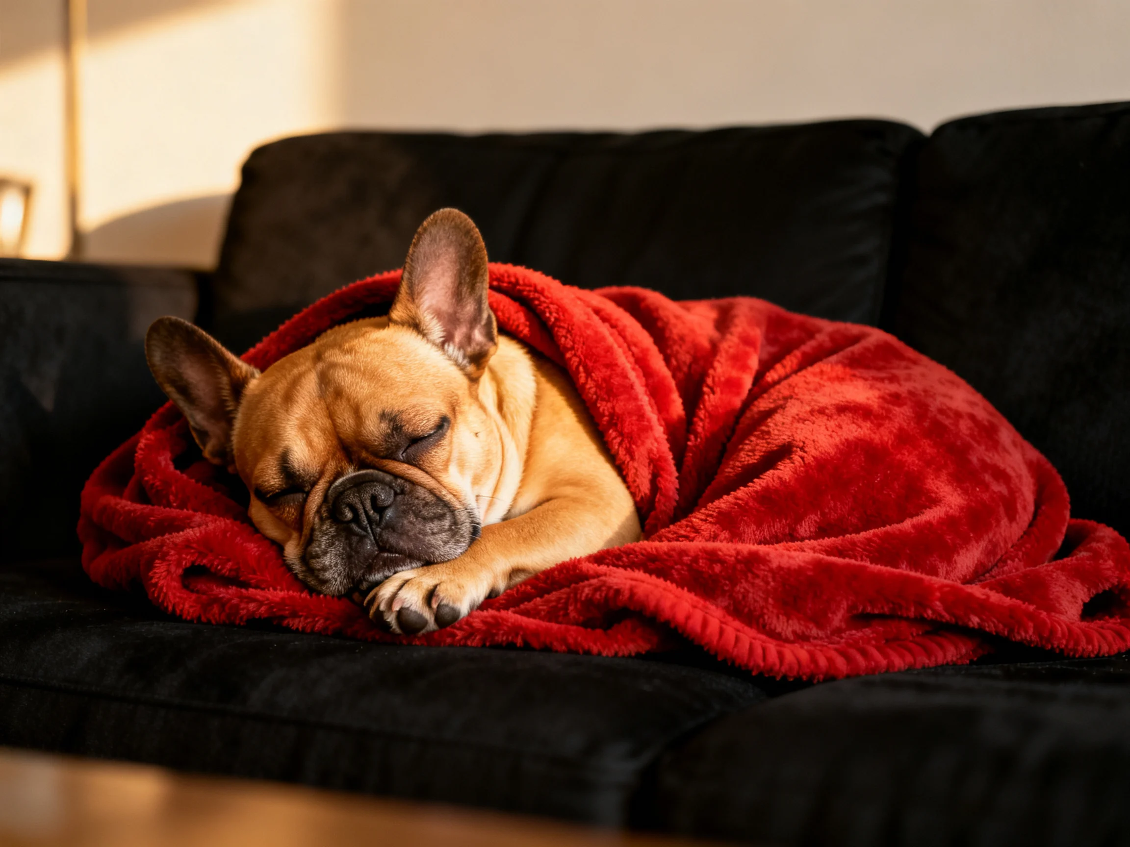A French bulldog sleeps wrapped in a bright red blanket on a black couch