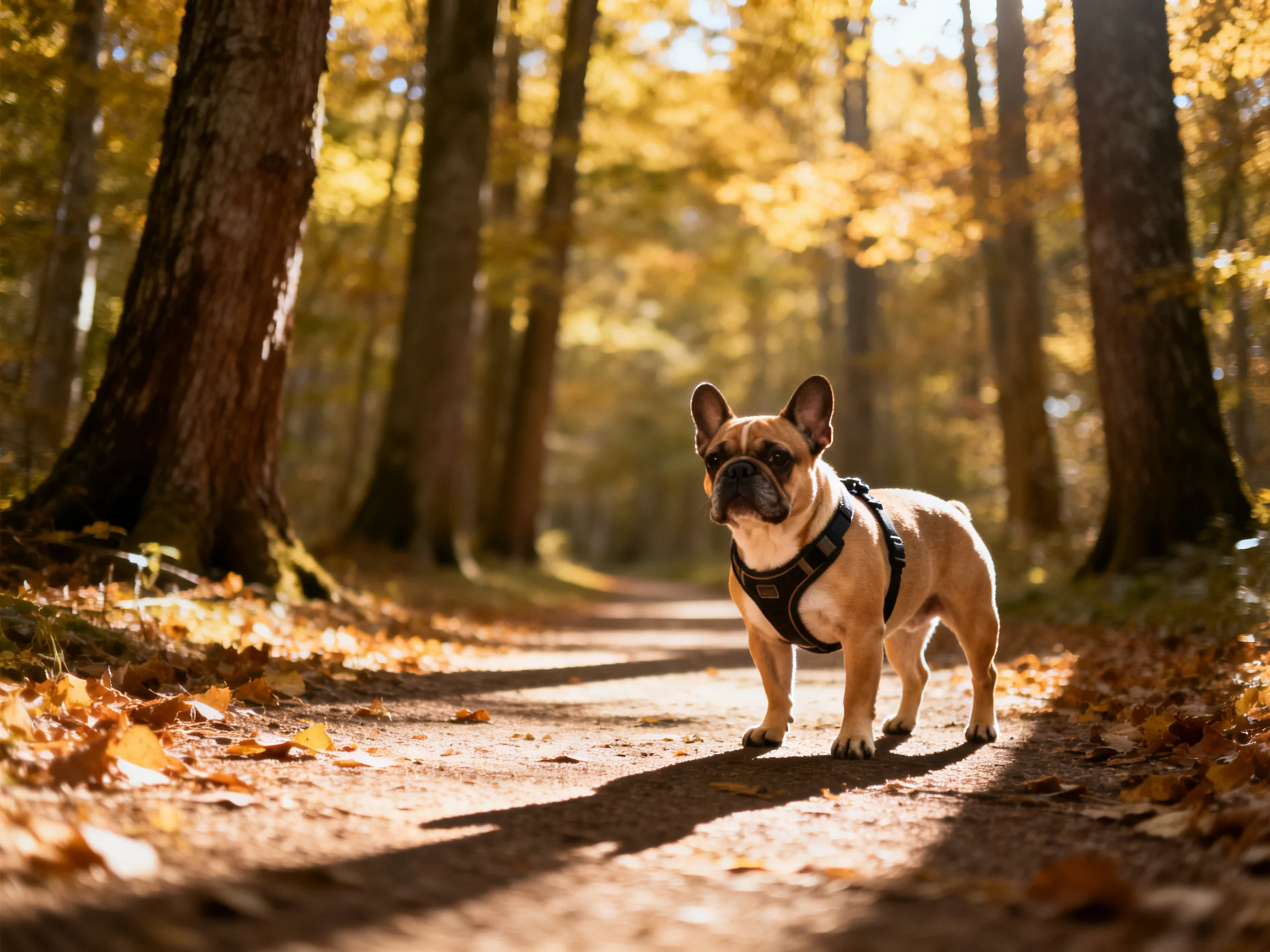 A French bulldog walks along a sunlit forest path lined with autumn leaves.