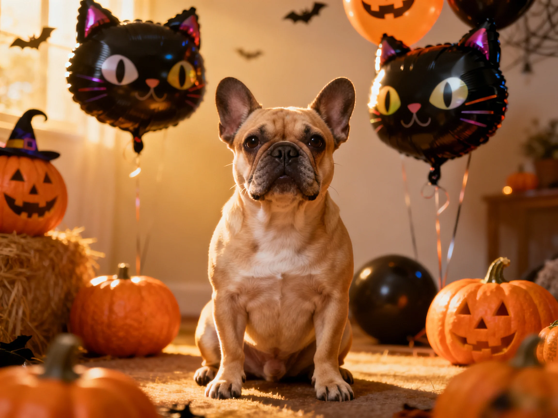 A French bulldog sits amid Halloween-themed decorations featuring black cat balloons and carved pumpkins.