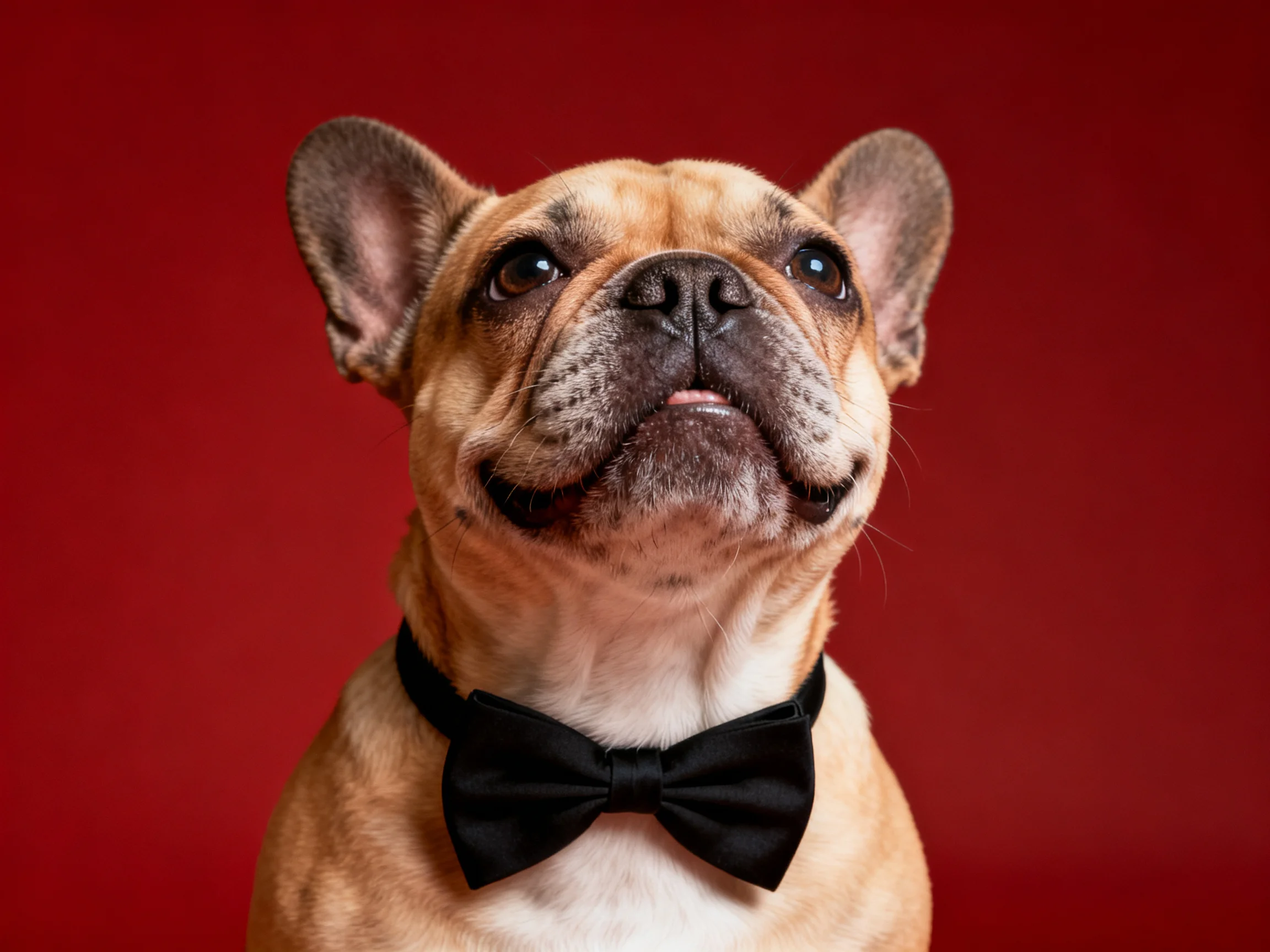 A French bulldog with a black bow tie gazes upward against a red backdrop.