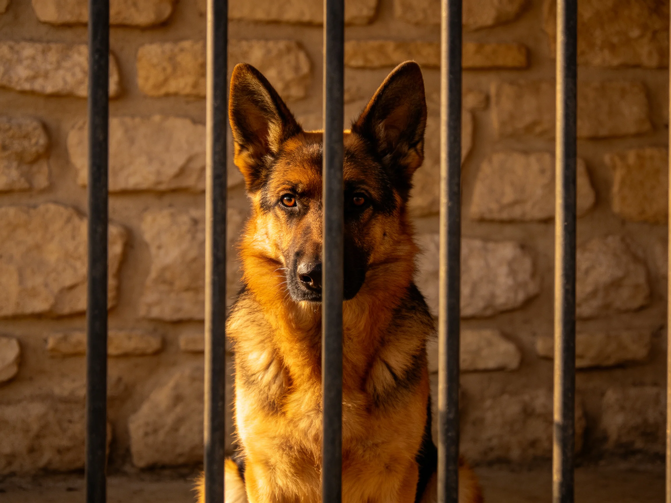 A German Shepherd sits behind vertical bars near a stone wall.