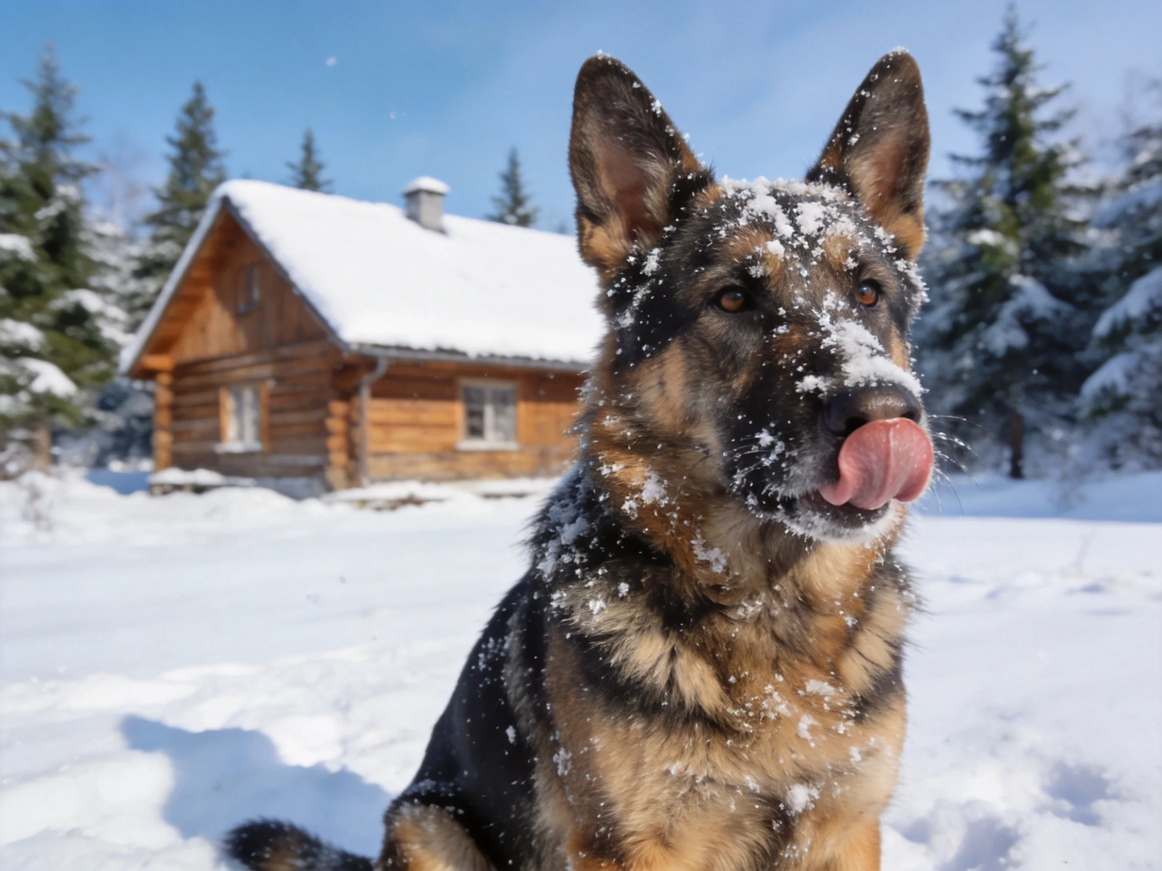 A German Shepherd dog sits in the snow beside a wooden cabin.