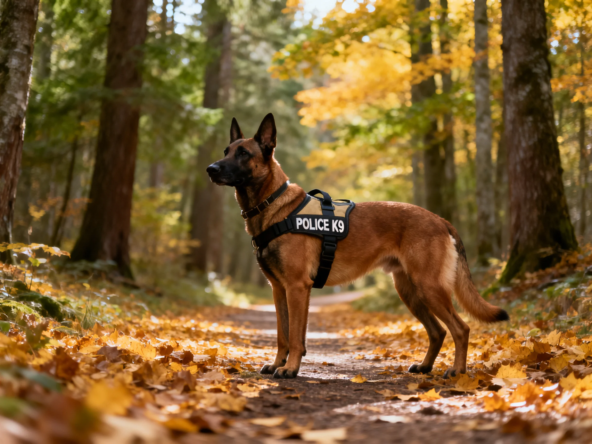 A German Shepherd police dog stands alert on a leaf-strewn path in a sunlit forest.