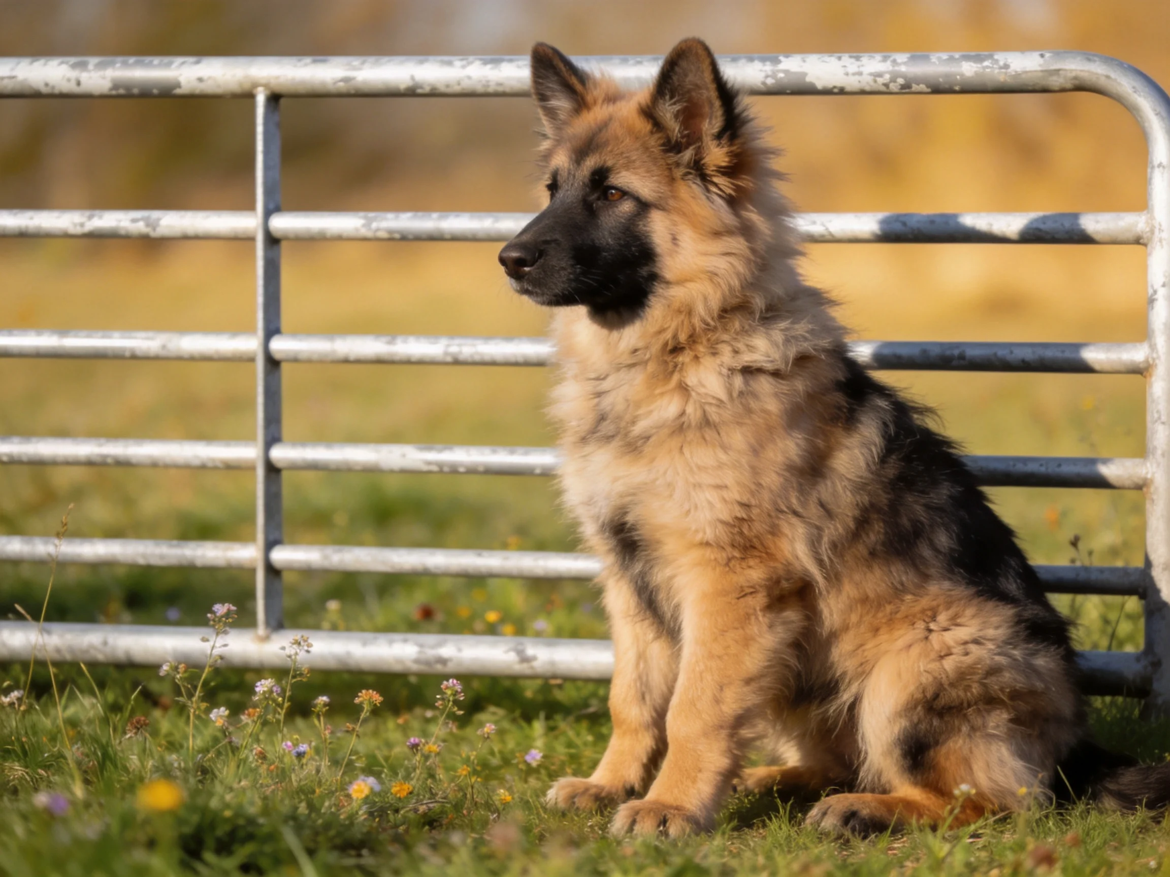 A German Shepherd Puppy Near a Weathered Metal Gate in a Sunlit Field