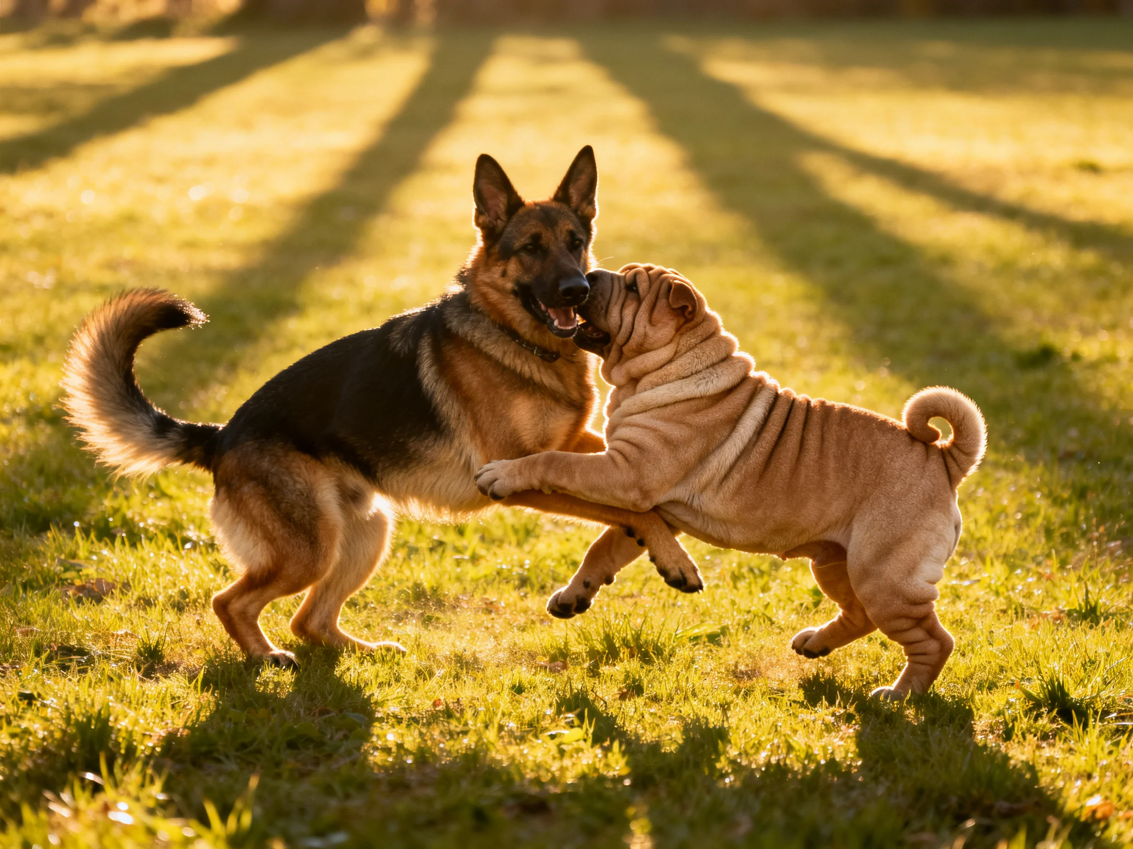 A German Shepherd and Shar Pei play on a sunlit grassy field
