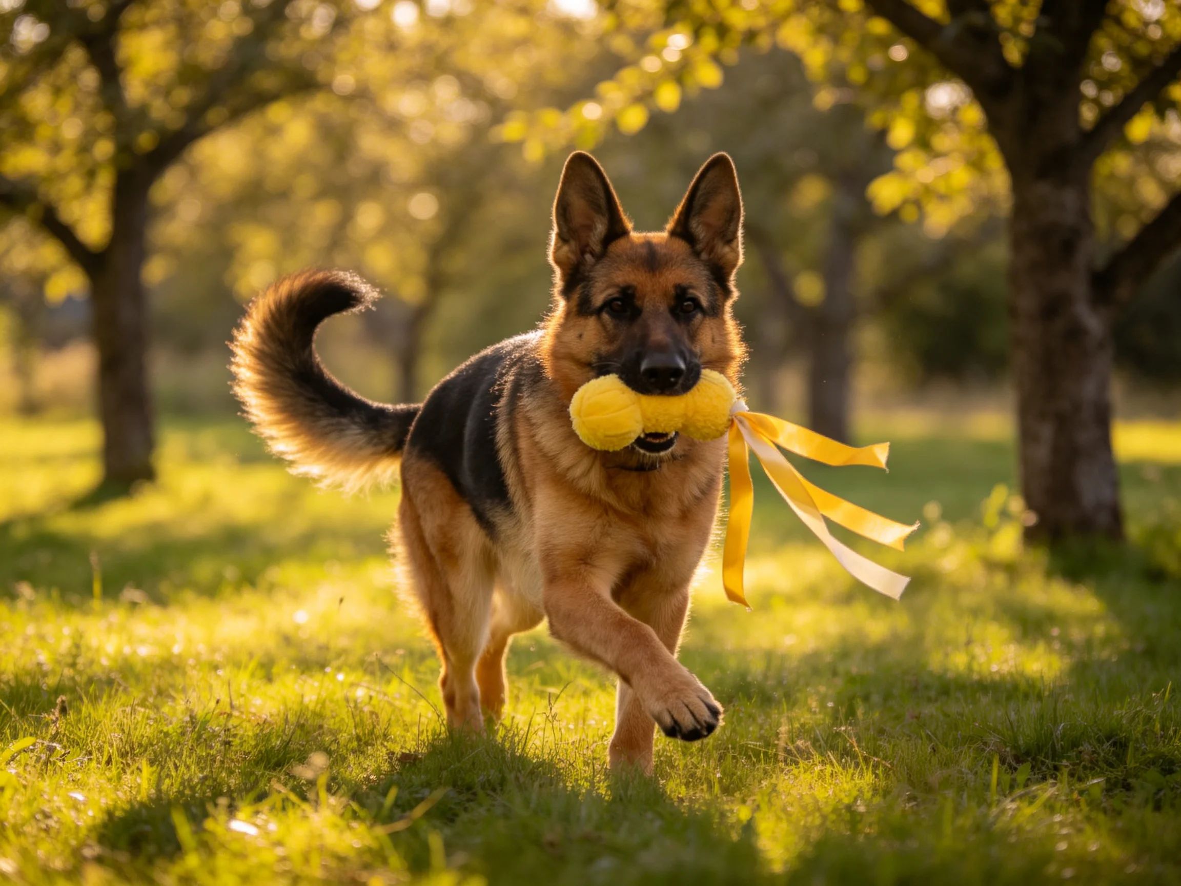 A German Shepherd carrying yellow toys in a sunlit orchard