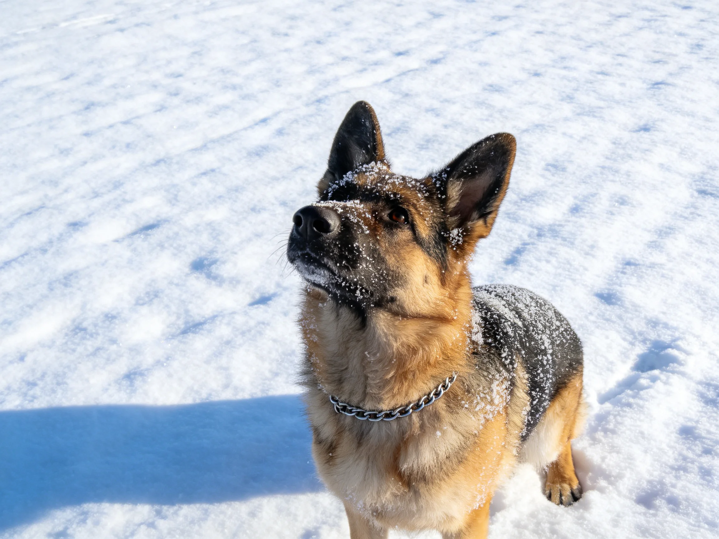 A German Shepherd stands on snow with snow on its fur.